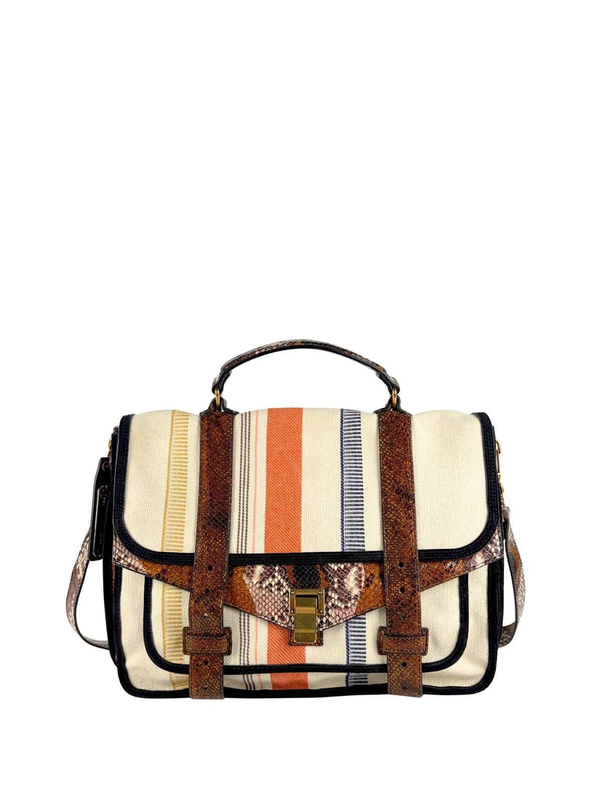 Proenza Schouler Large PS1 in striped canvas and printed python, front view