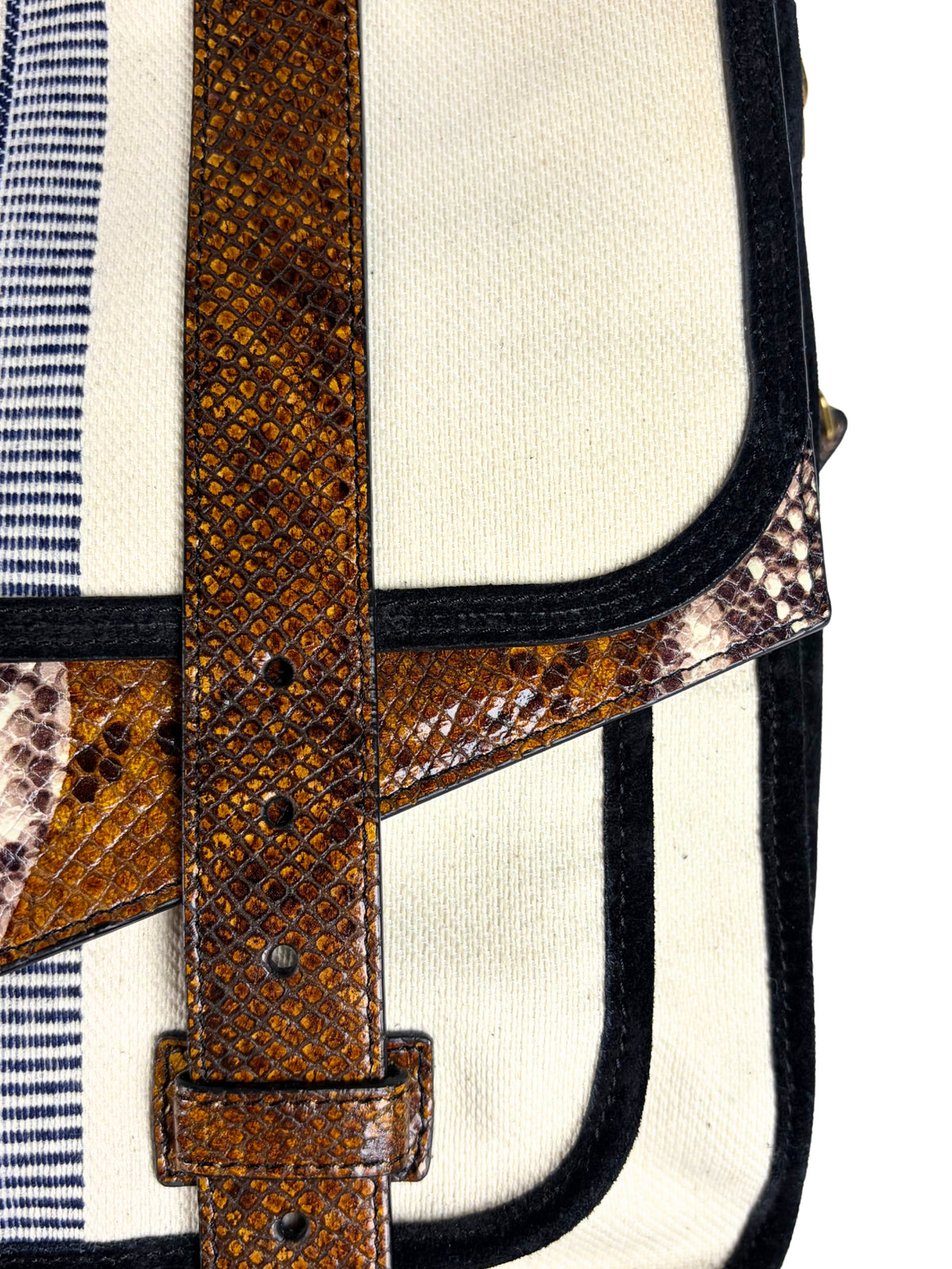 Proenza Schouler PS1 close-up of canvas and printed python buckle strap
