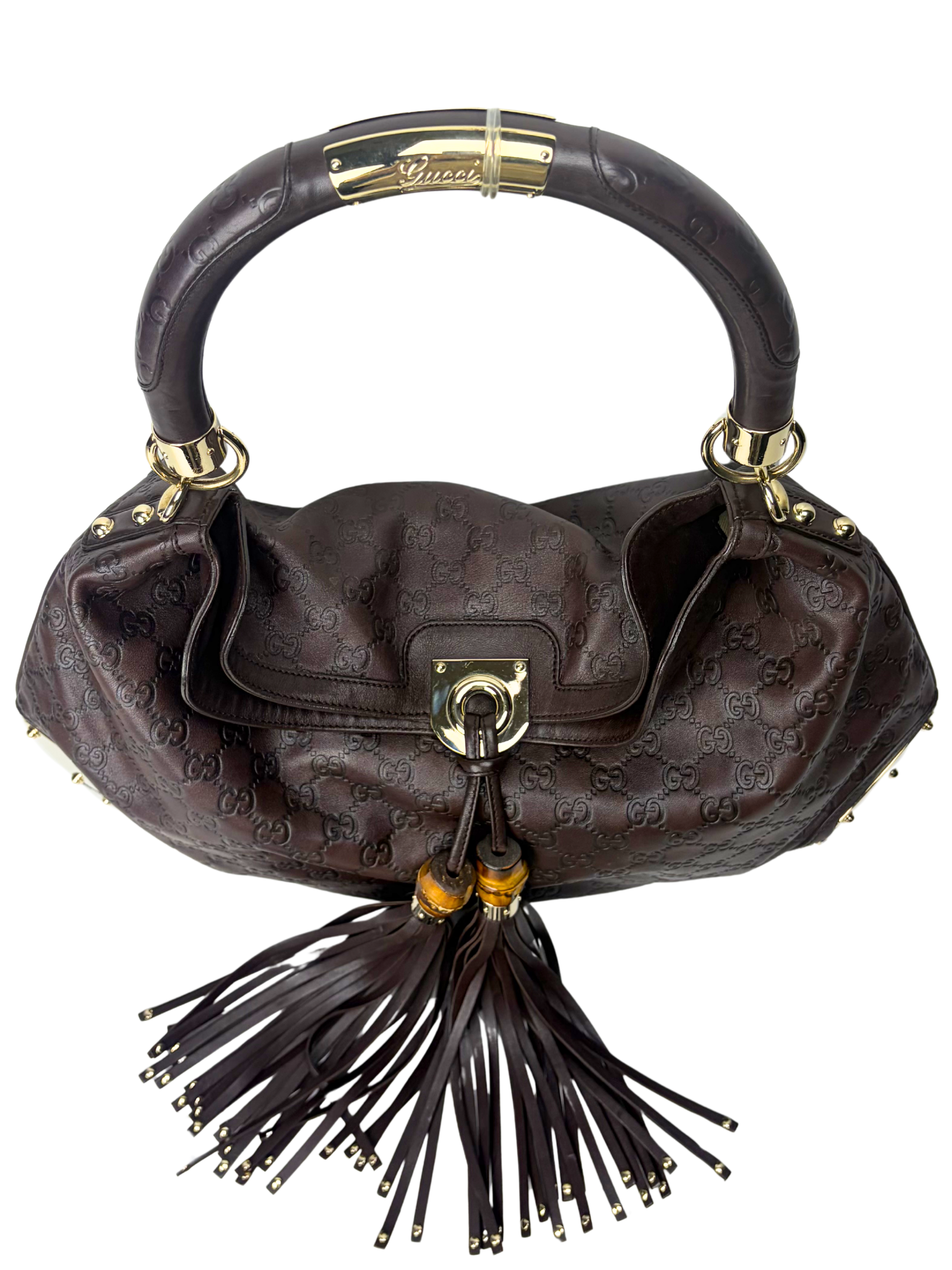 Vintage Gucci Babushka Indy Hobo Bag in Embossed Guccisima Leather &amp; Bamboo Tassels