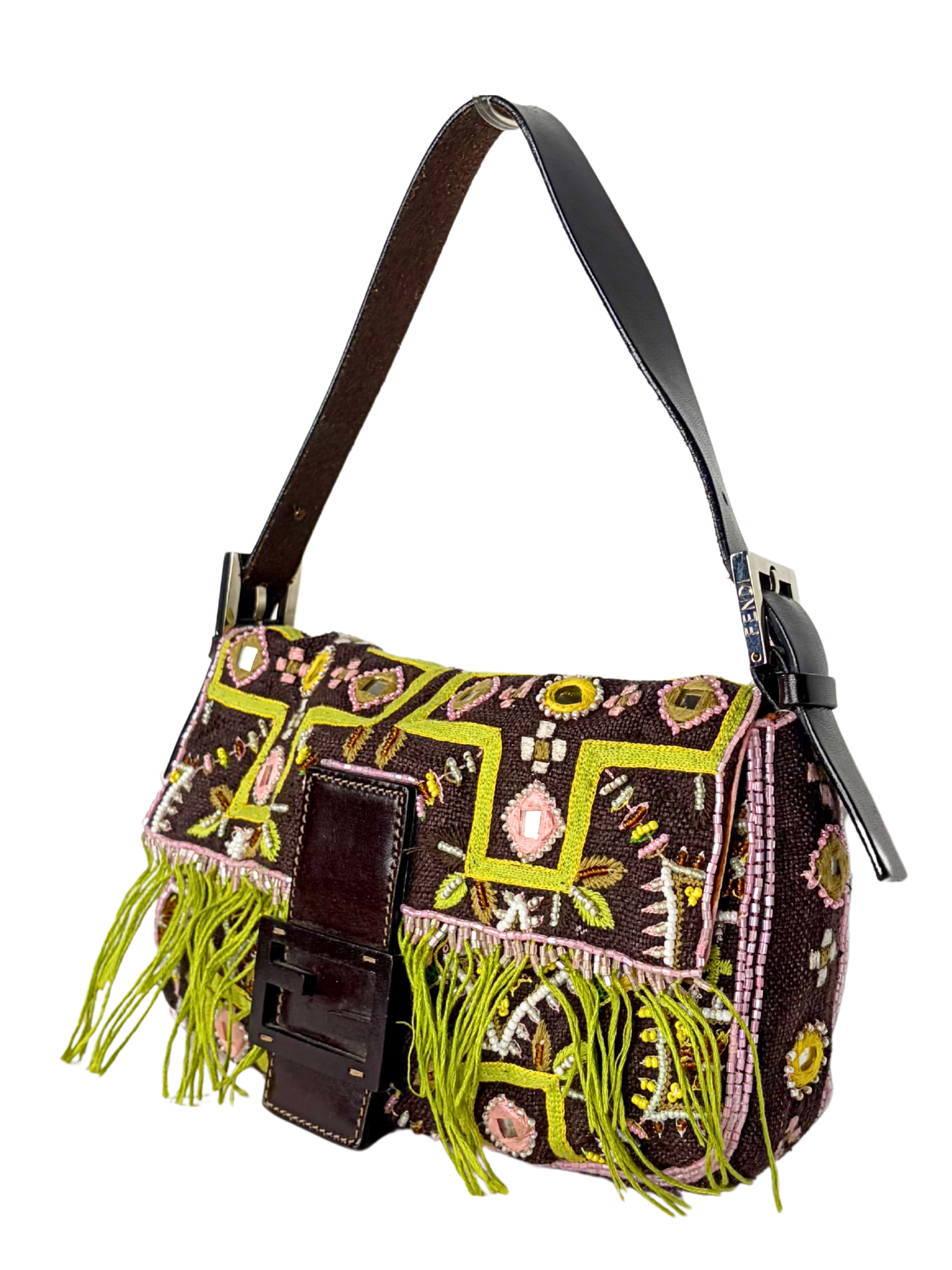 Vintage Fendi Beaded Mirror Fringe Baguette Bag
