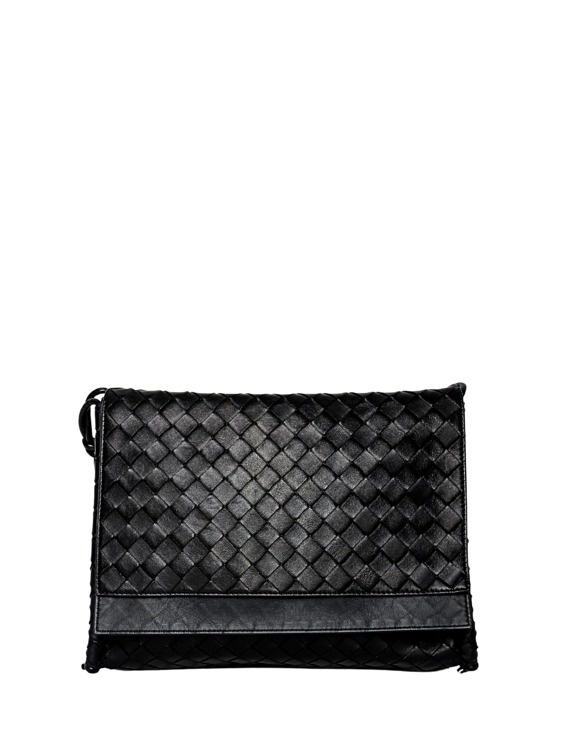 Bottega Veneta Intrecciato Crossbody Flap Bag Black