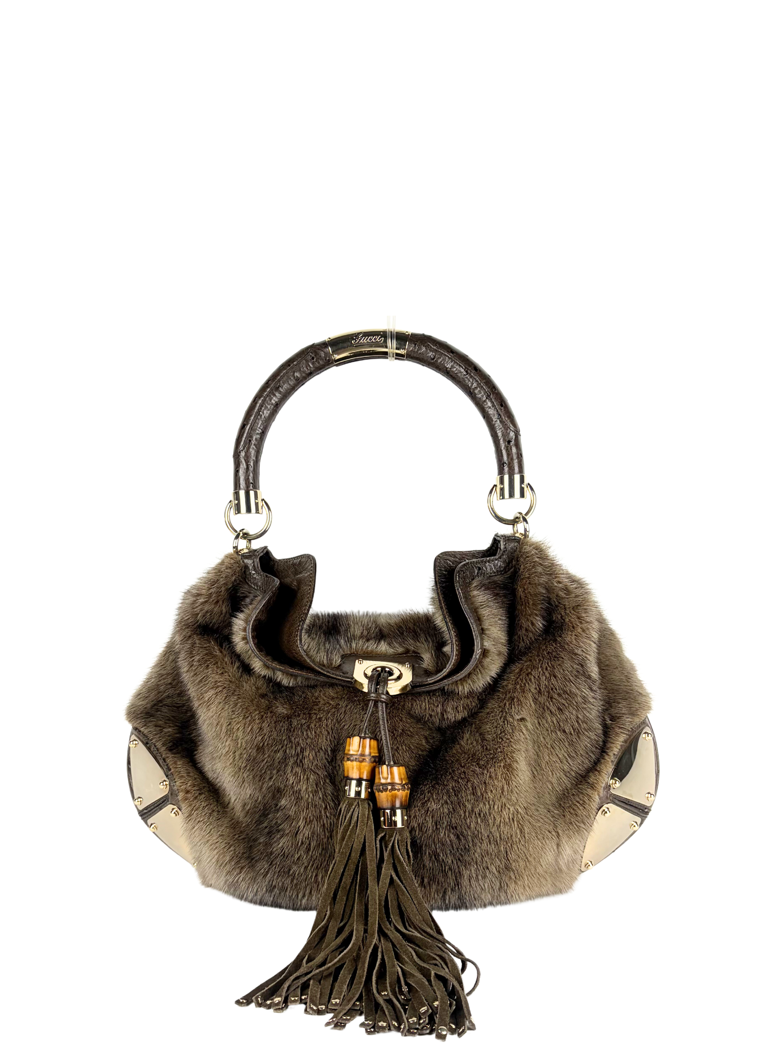 Vintage Gucci Mink and Ostrich Indy Hobo Bag with Bamboo Tassels