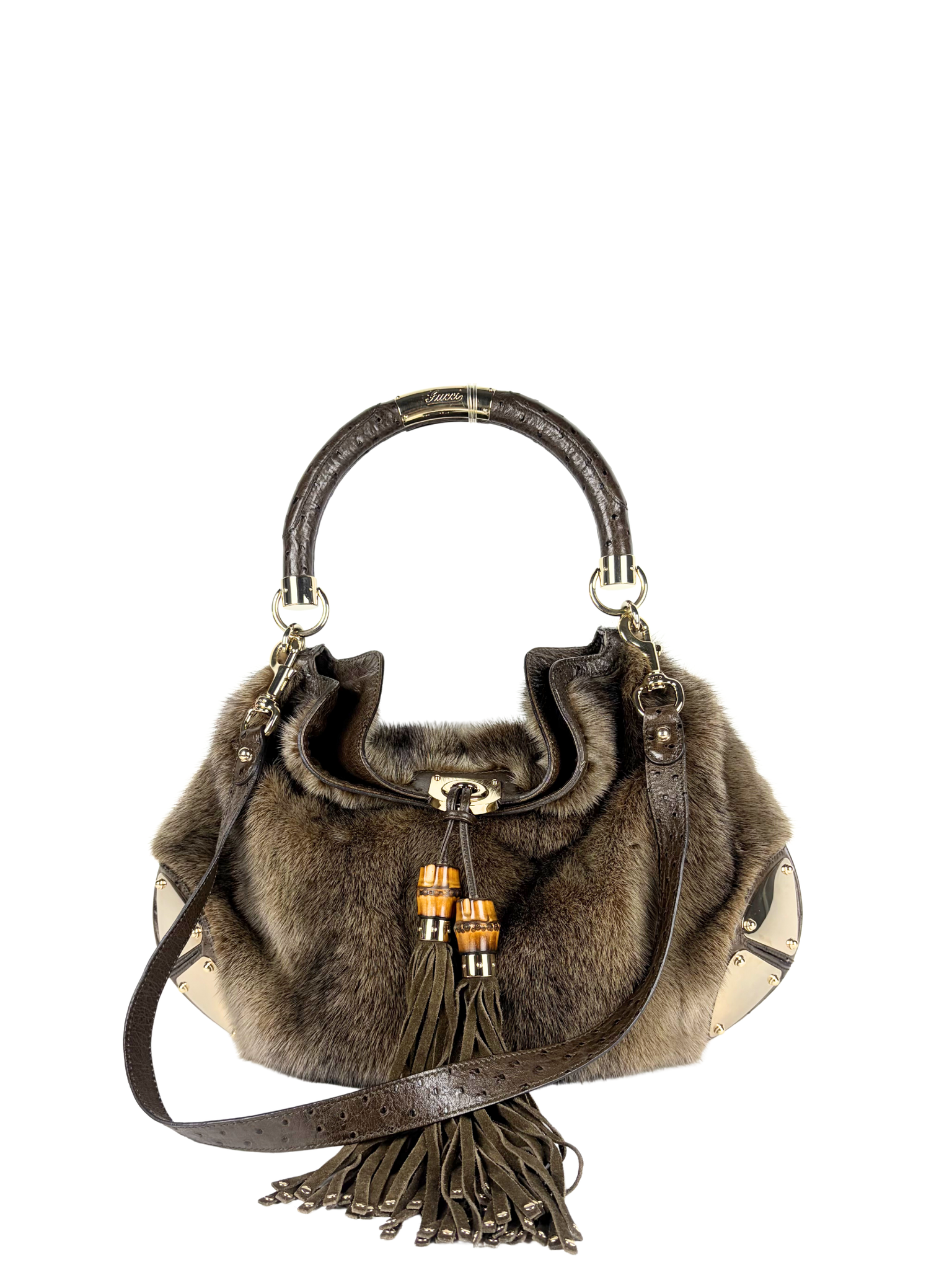 Vintage Gucci Mink and Ostrich Indy Hobo Bag with Bamboo Tassels