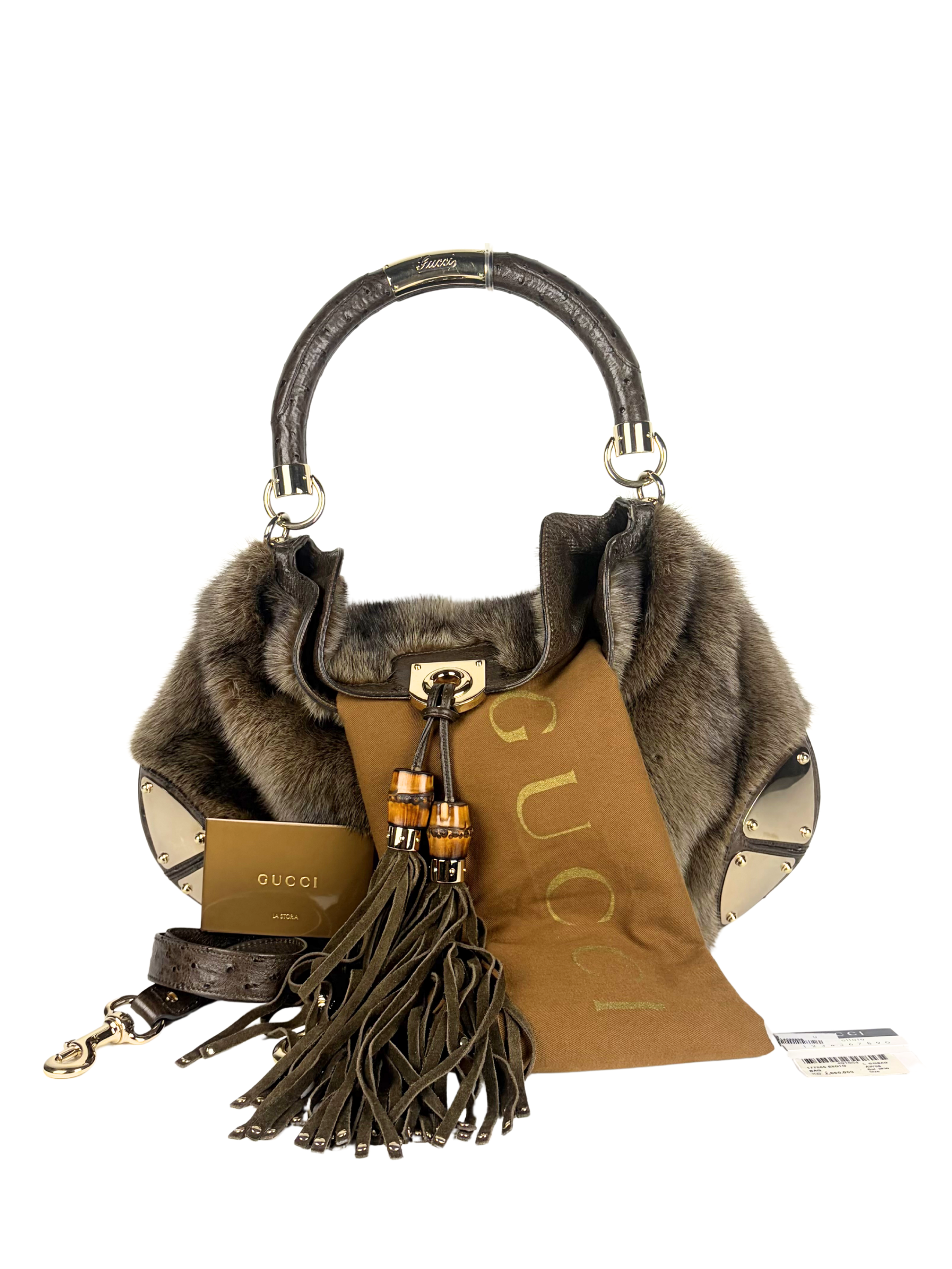 Vintage Gucci Mink and Ostrich Indy Hobo Bag with Bamboo Tassels