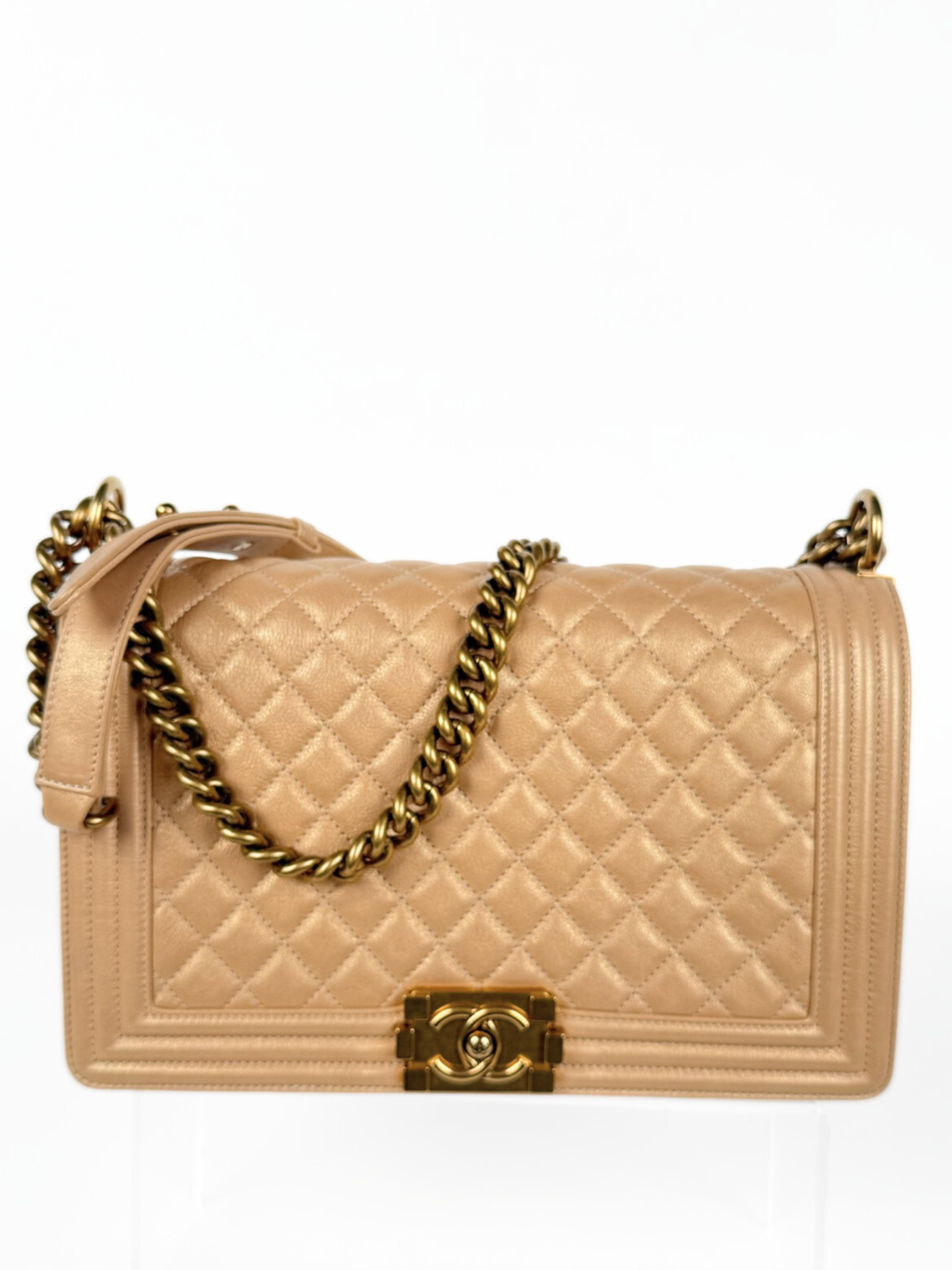 Chanel Boy Bag Medium Quilted Lambskin Beige with Gold Hardware