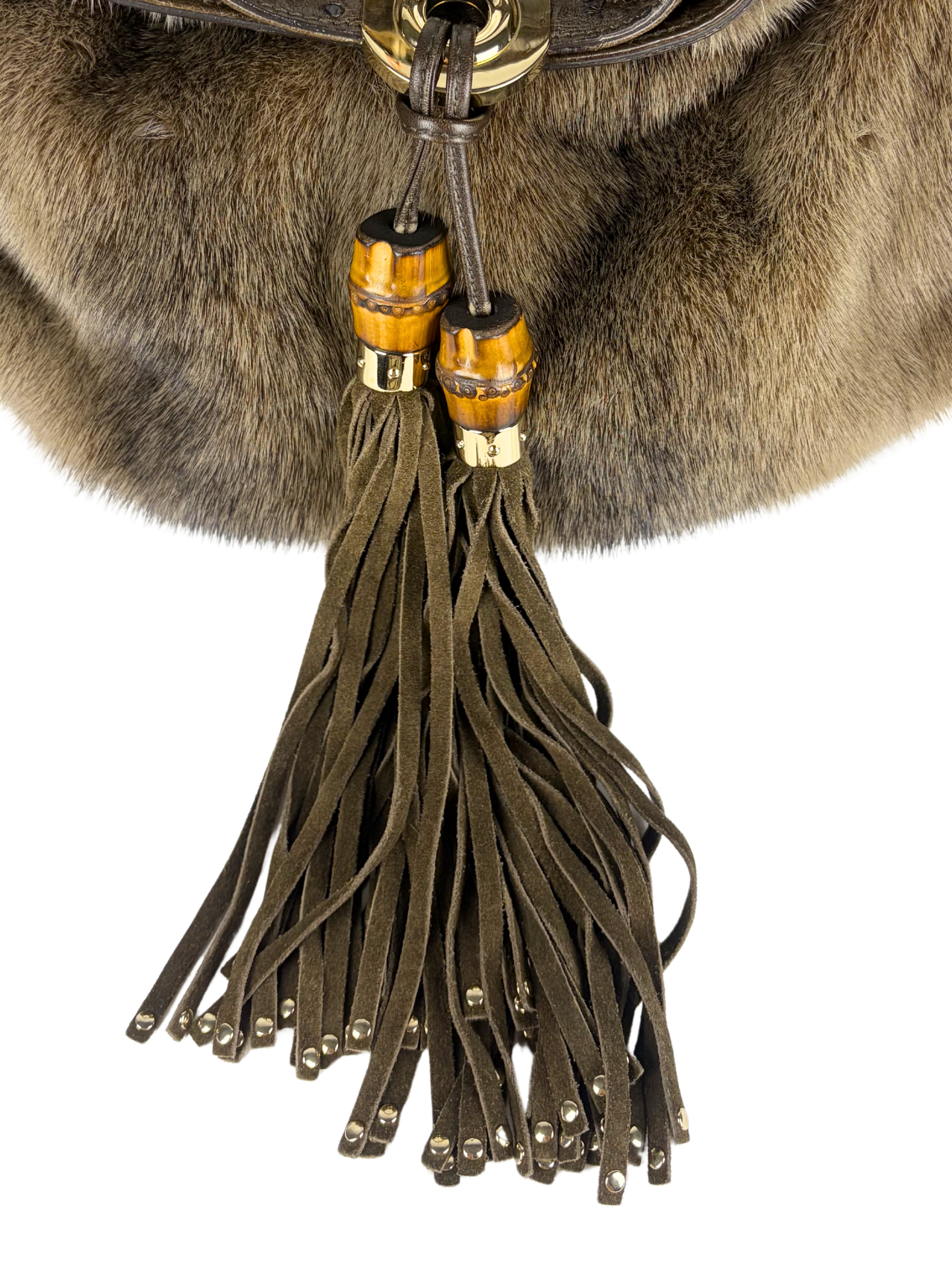 Vintage Gucci Mink and Ostrich Indy Hobo Bag with Bamboo Tassels
