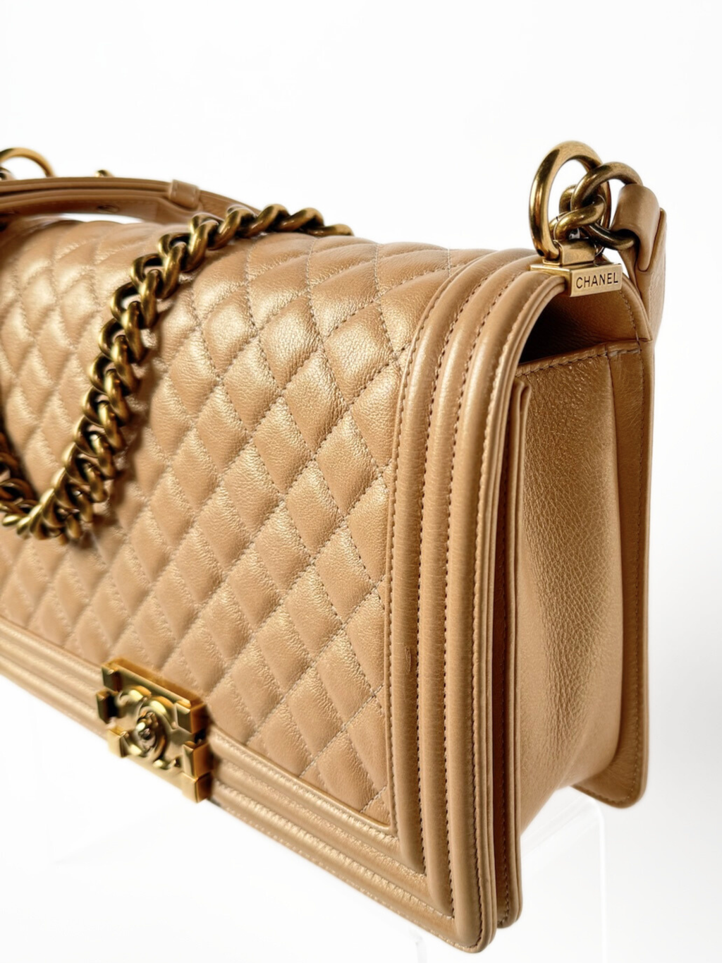 Chanel Boy Bag Medium Quilted Lambskin Beige with Gold Hardware