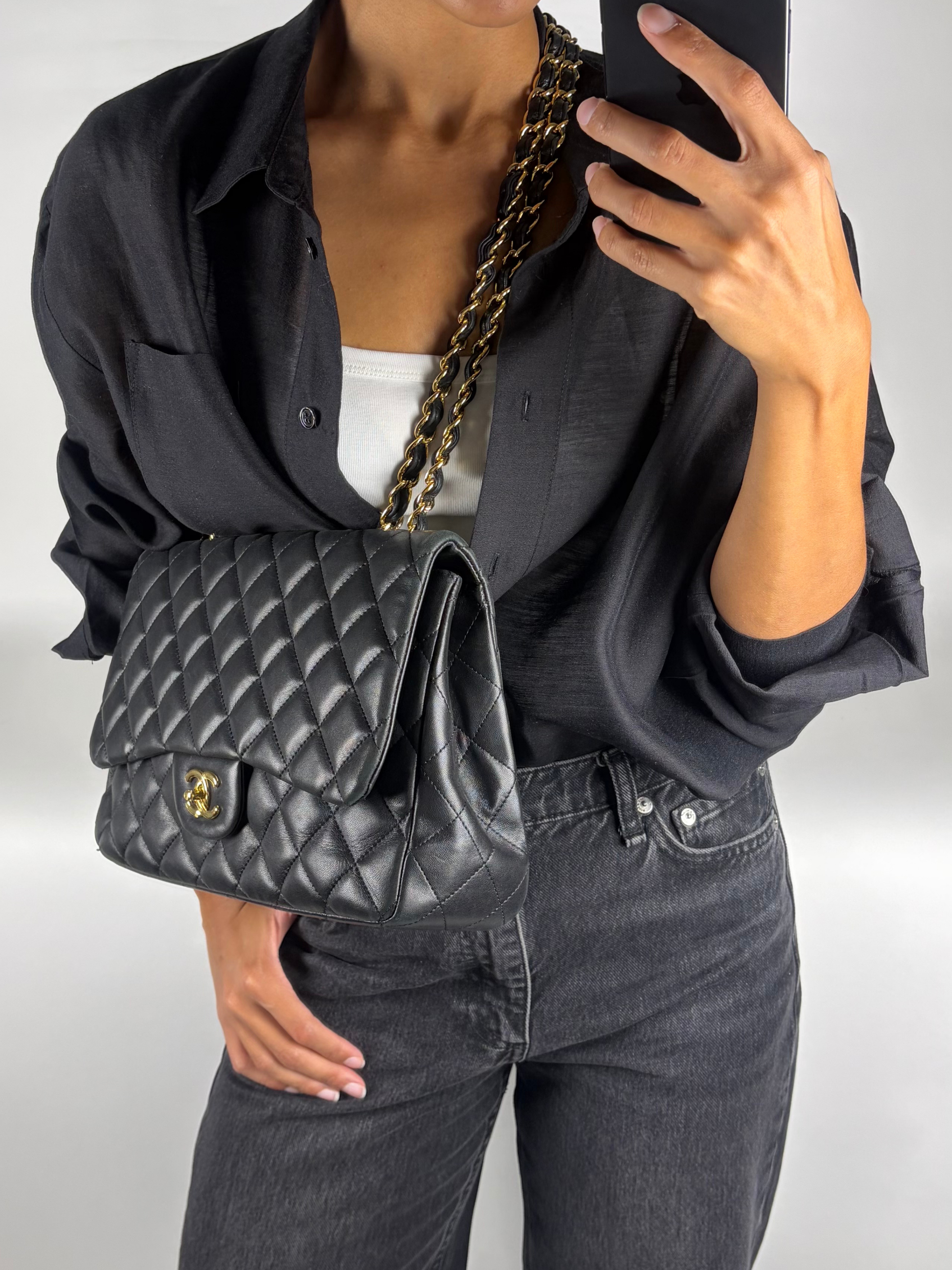 Chanel Jumbo Classic Flap Bag in Black Lambskin Leather