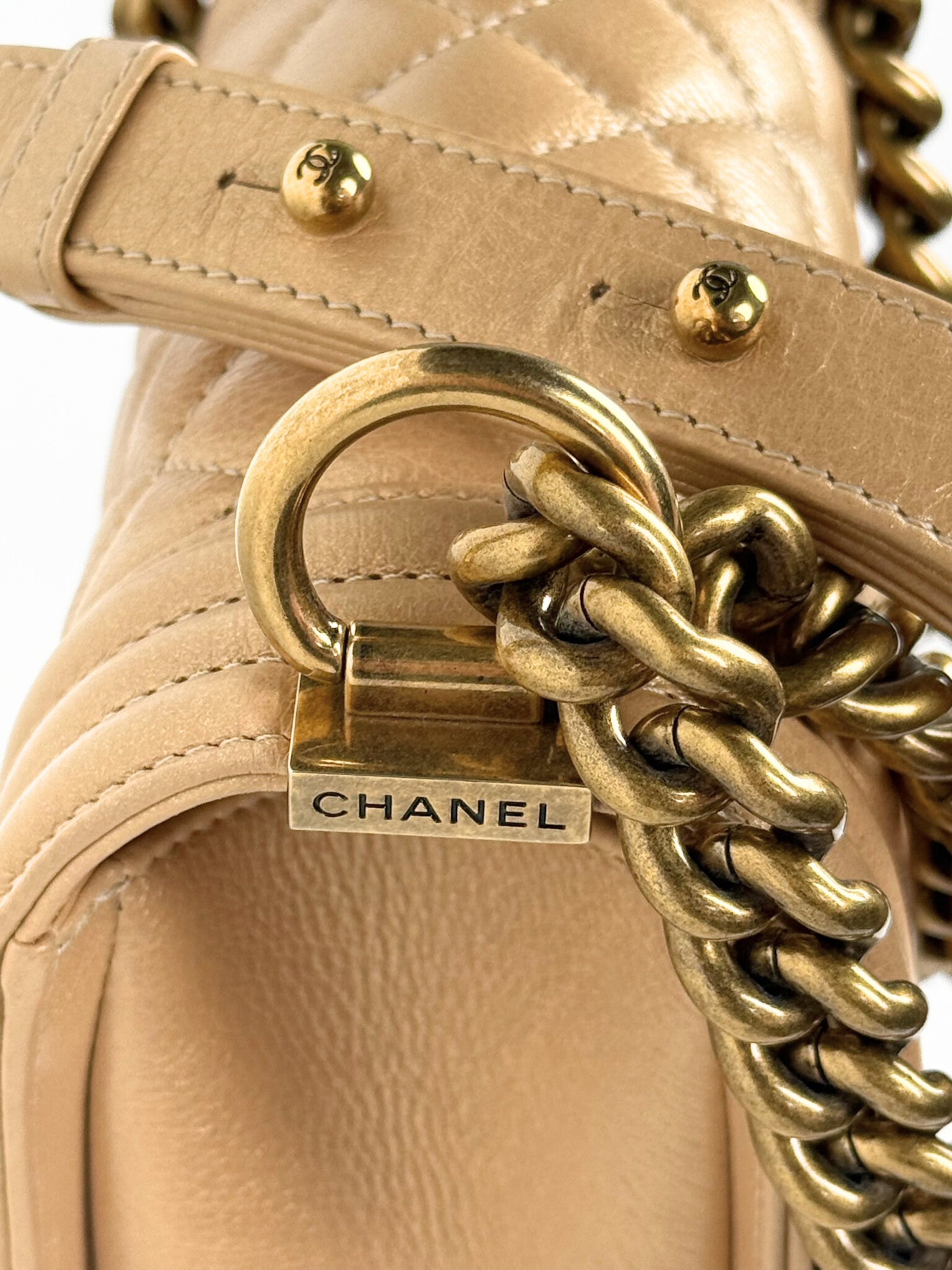 Chanel Boy Bag Medium Quilted Lambskin Beige with Gold Hardware