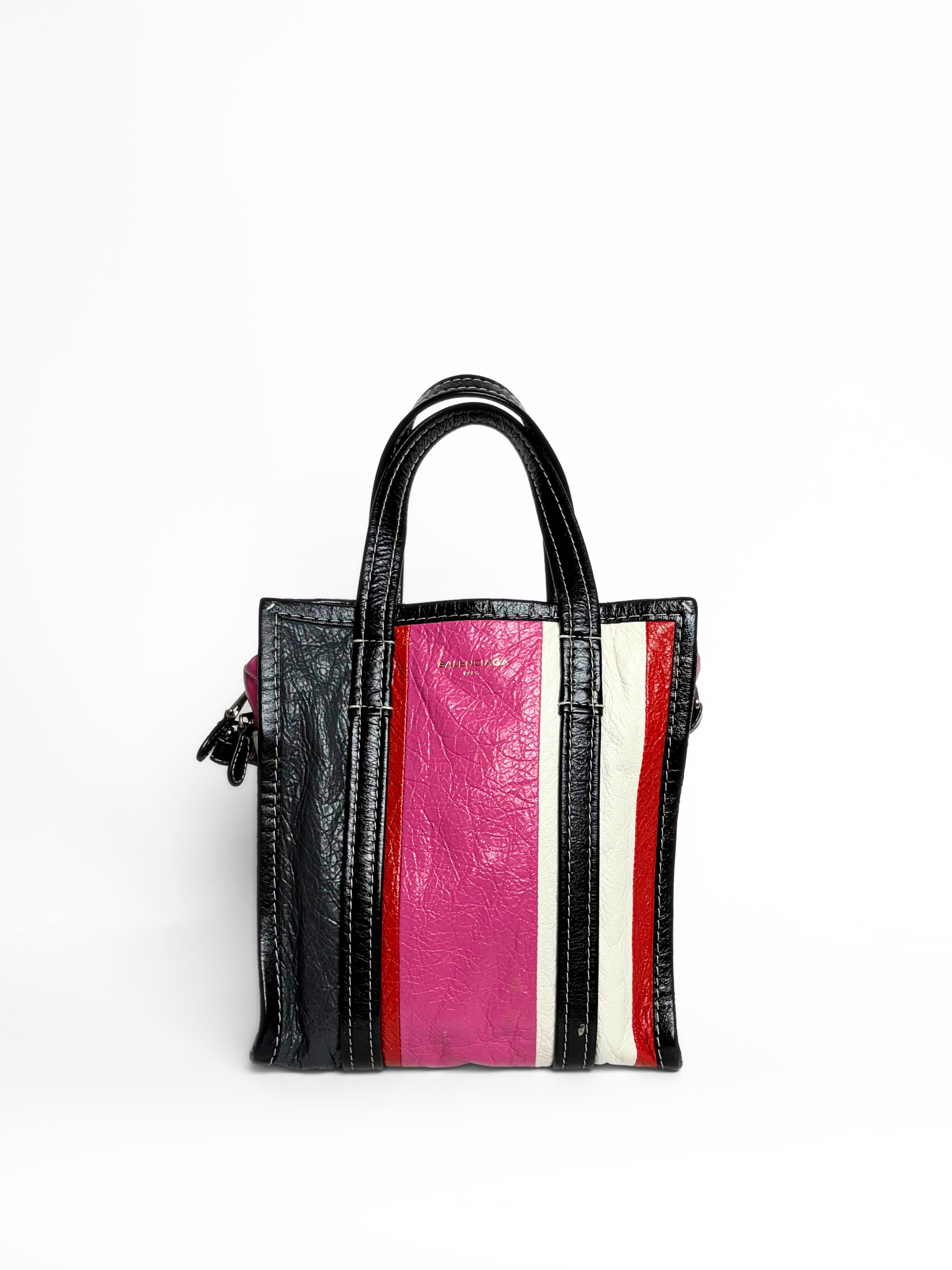 Balenciaga Bazar Mini Shopper Bag Multicolor Striped Crinkled Leather