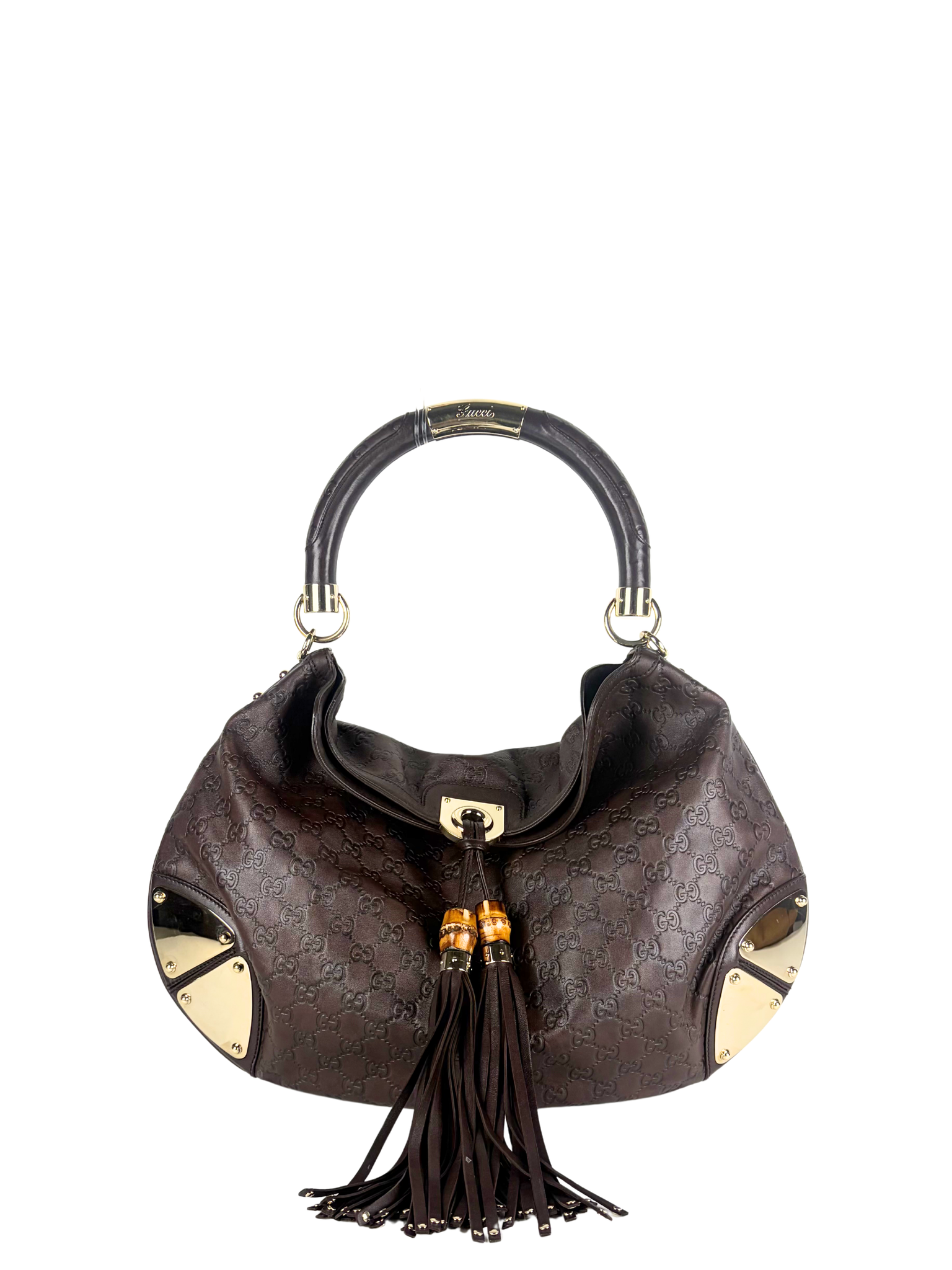 Vintage Gucci Babushka Indy Hobo Bag in Embossed Guccisima Leather &amp; Bamboo Tassels