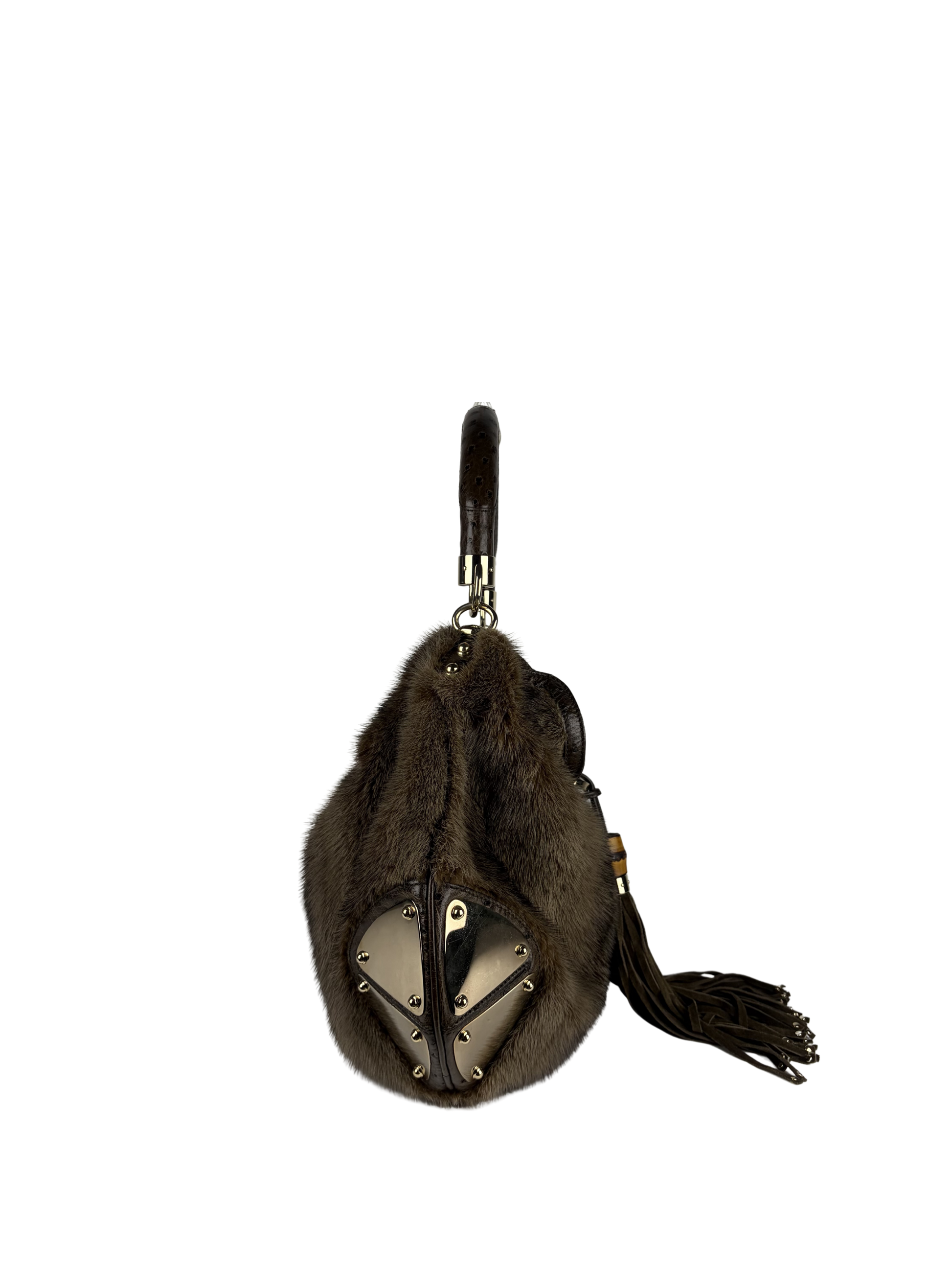 Vintage Gucci Mink and Ostrich Indy Hobo Bag with Bamboo Tassels