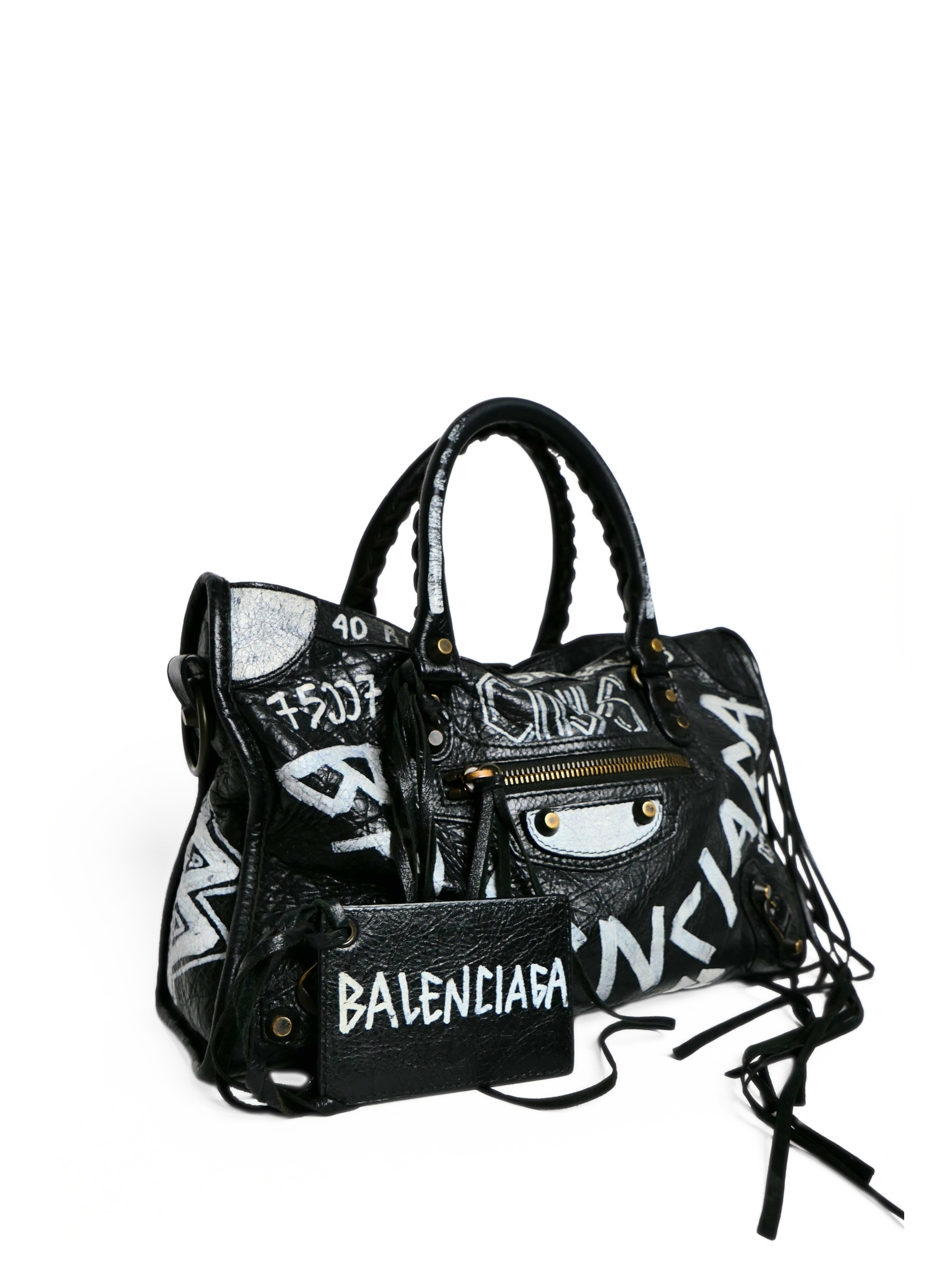 Balenciaga Black Graffiti Leather Small Classic City Bag