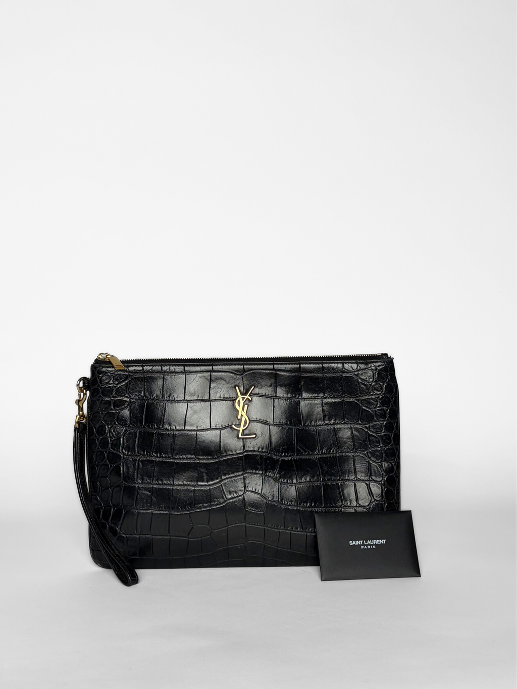 Saint Laurent Croc-Embossed Zip Pouch Black