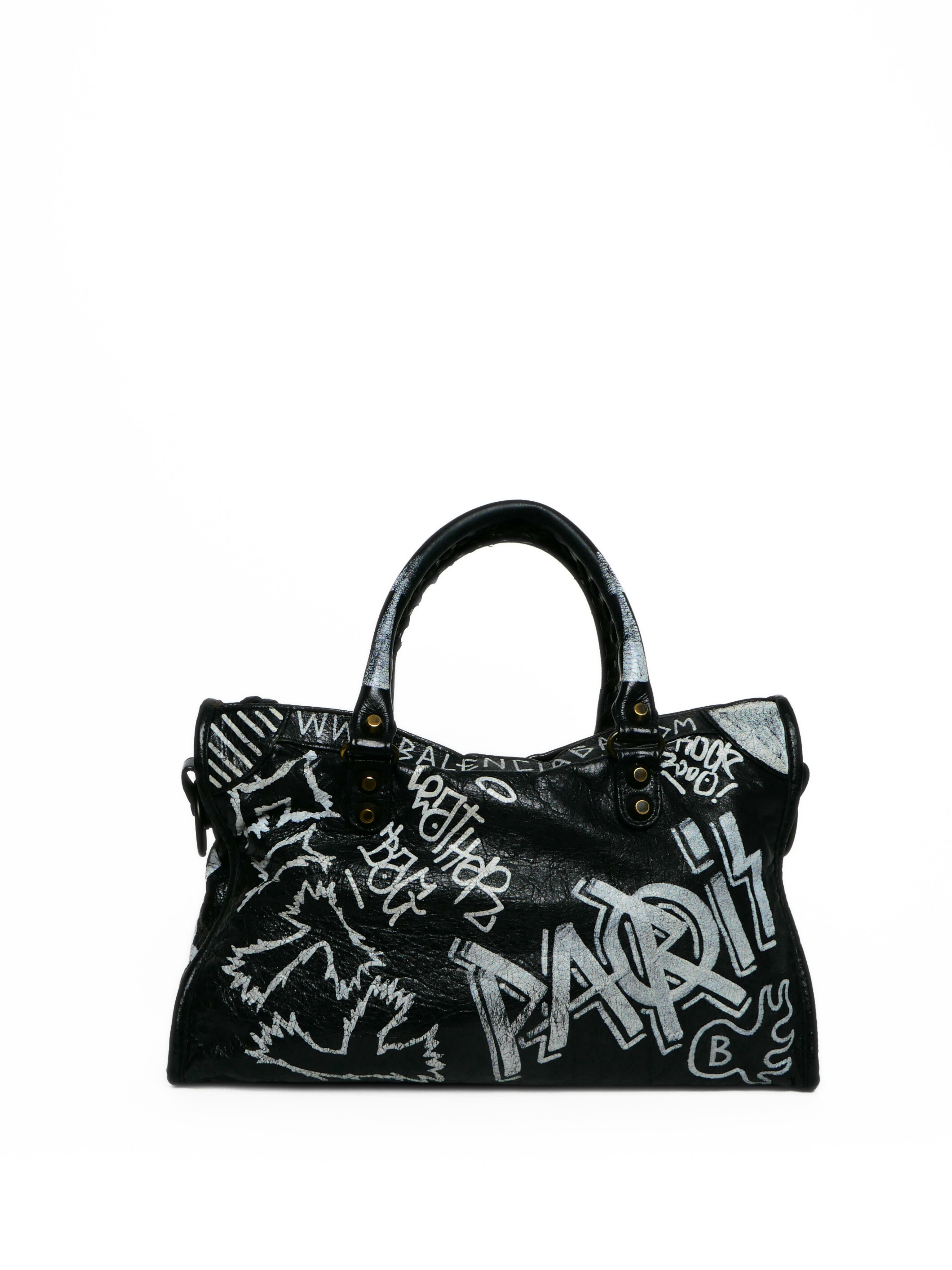 Balenciaga Black Graffiti Leather Small Classic City Bag