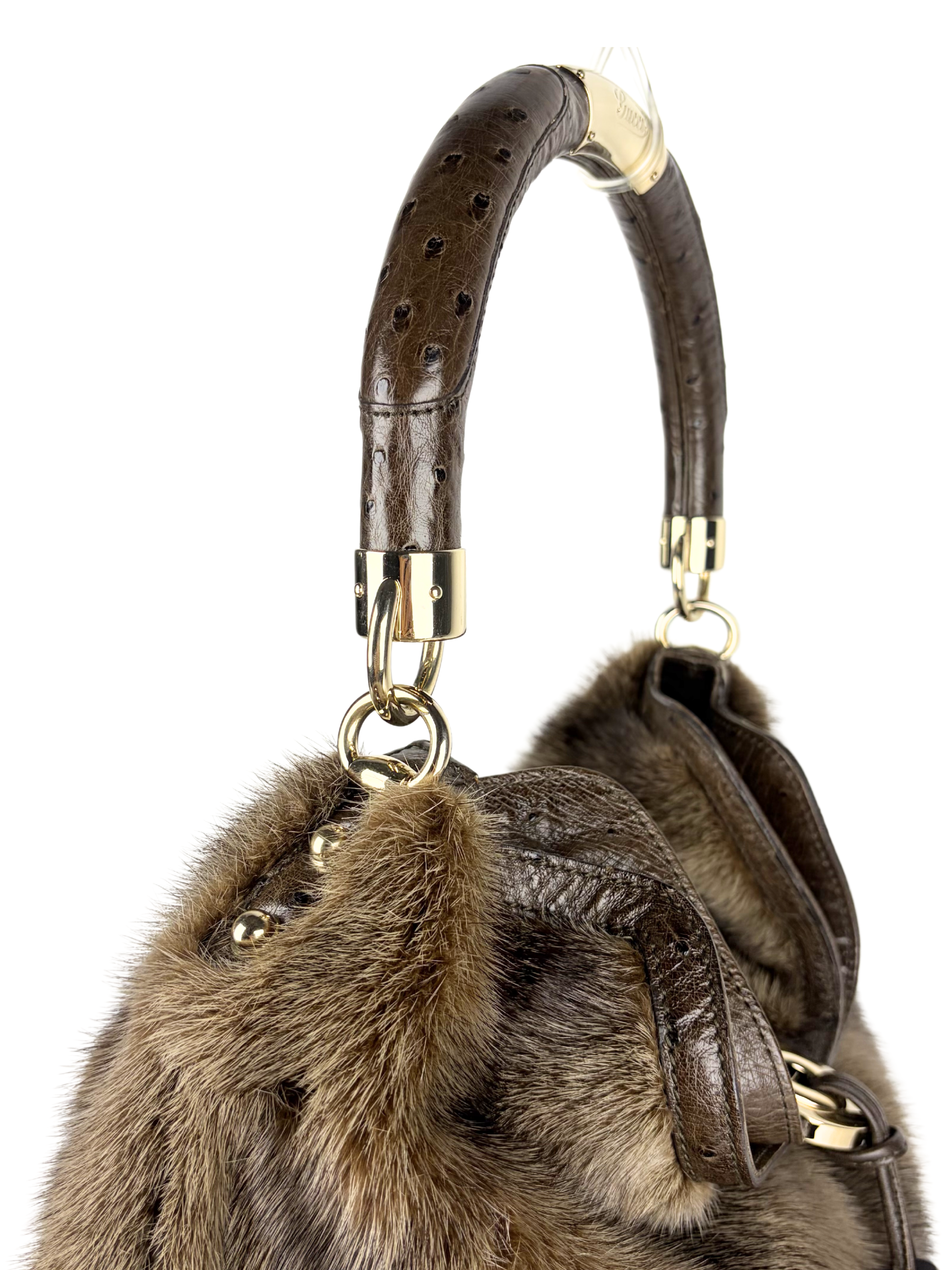 Vintage Gucci Mink and Ostrich Indy Hobo Bag with Bamboo Tassels