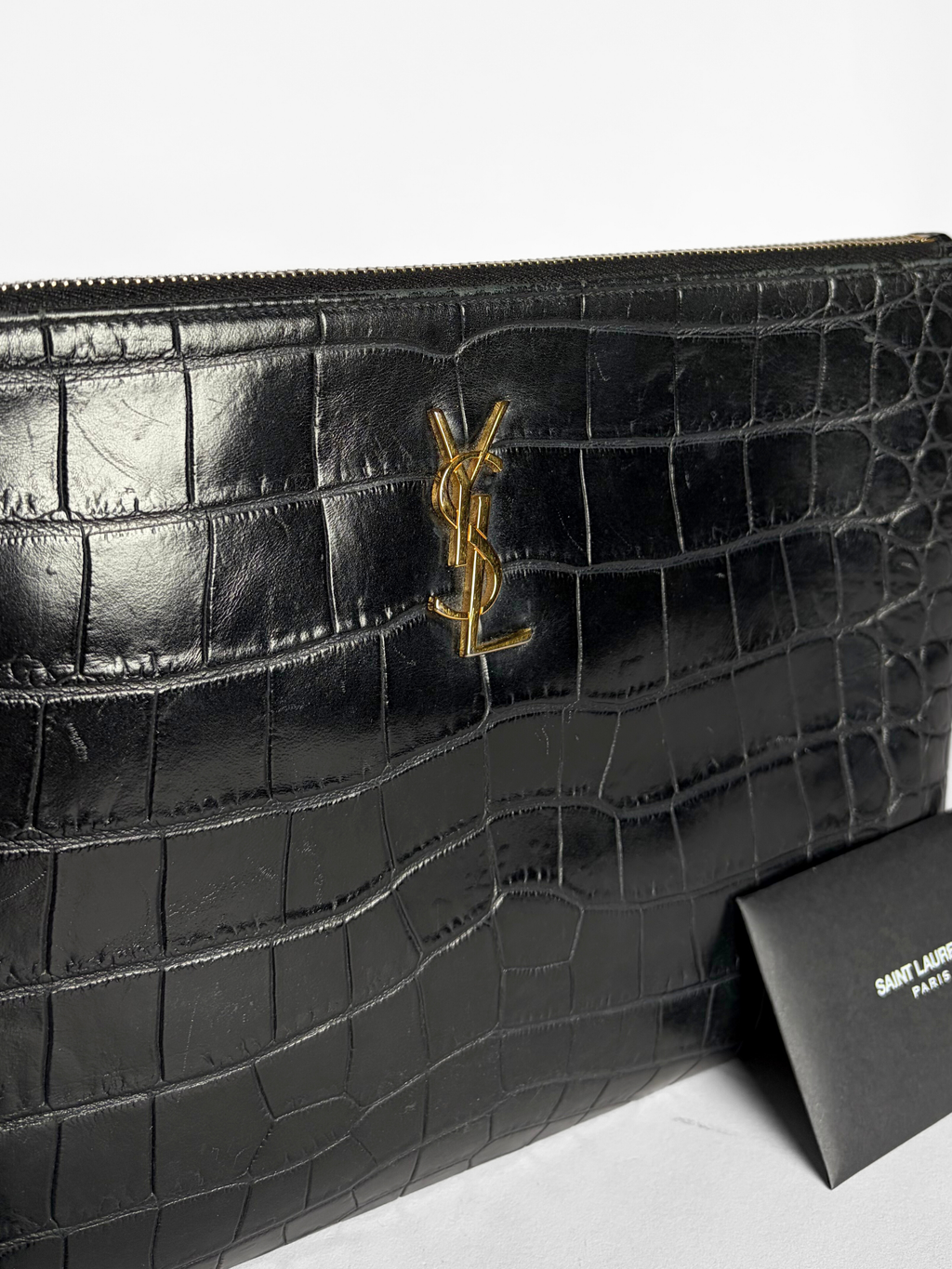 Saint Laurent Croc-Embossed Zip Pouch Black