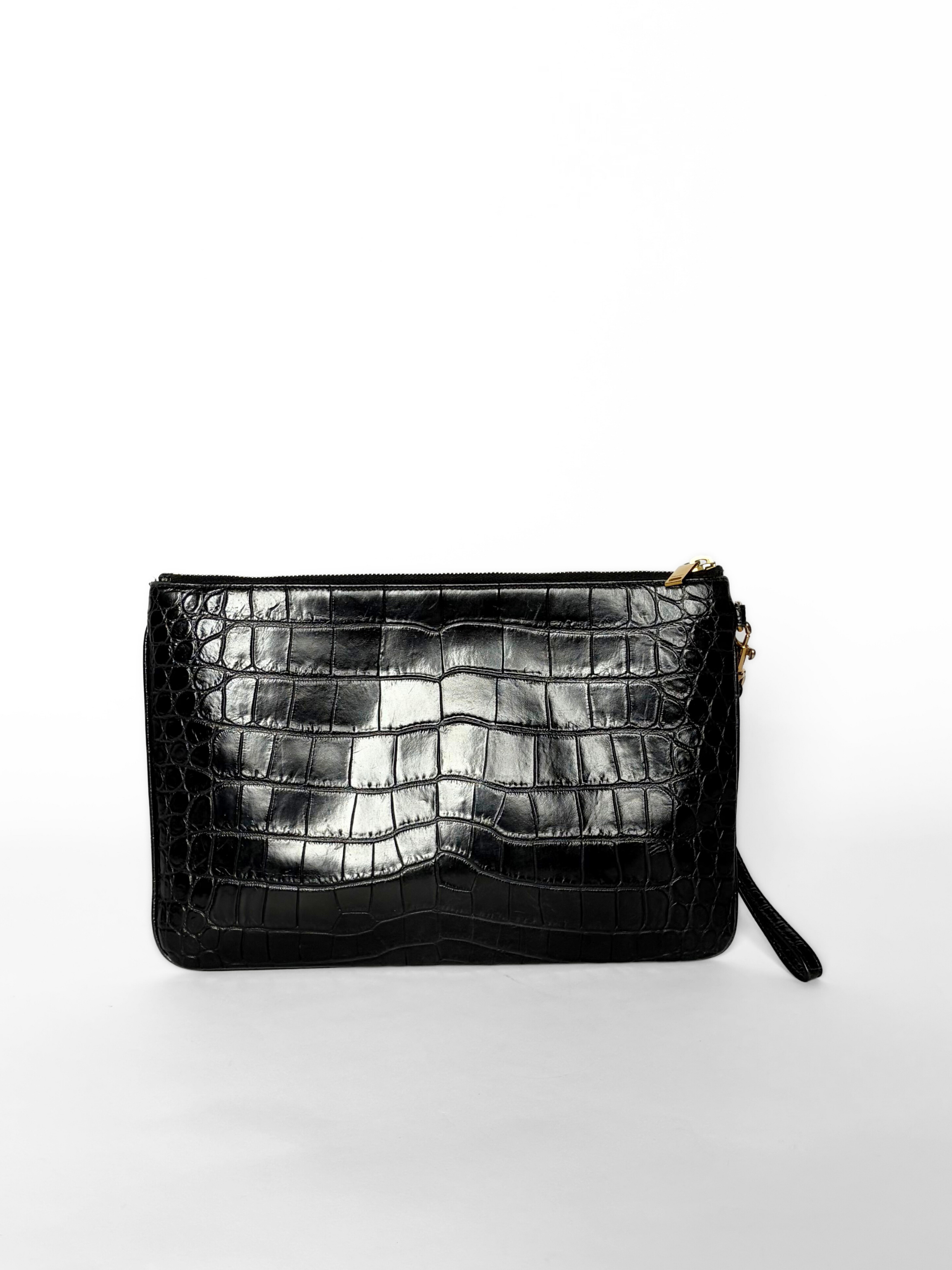 Saint Laurent Croc-Embossed Zip Pouch Black