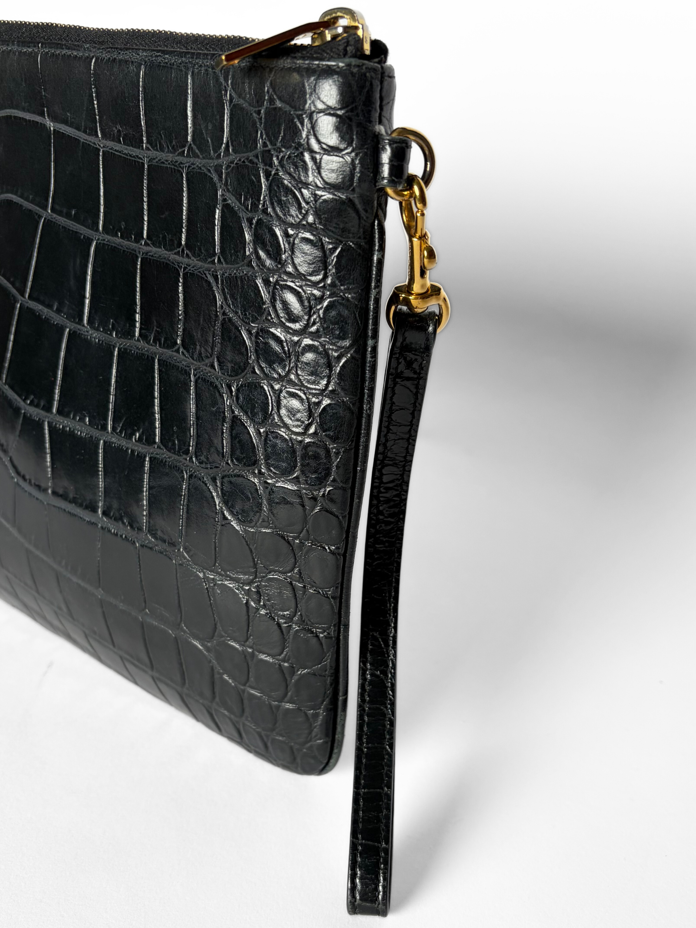 Saint Laurent Croc-Embossed Zip Pouch Black
