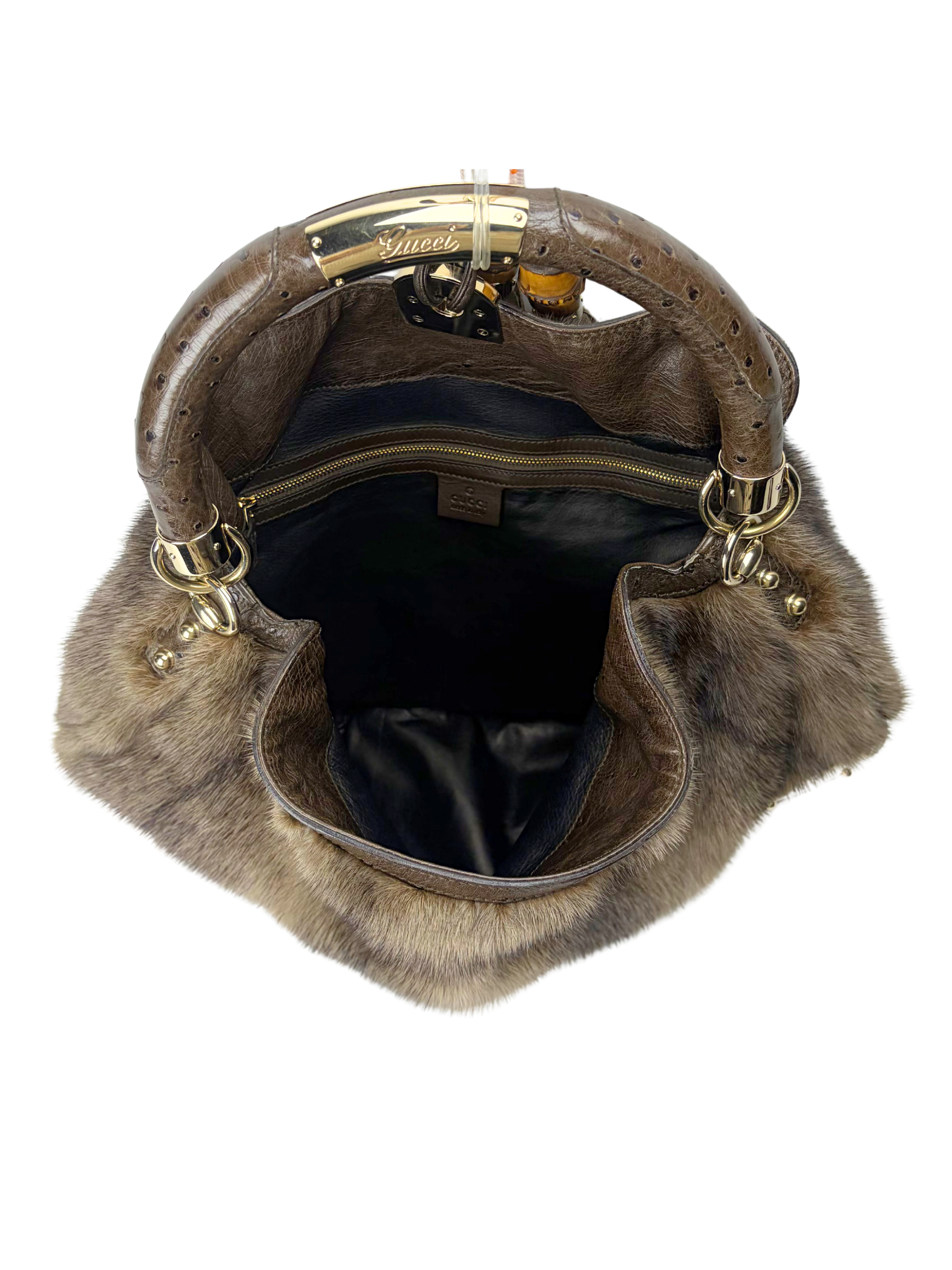 Vintage Gucci Mink and Ostrich Indy Hobo Bag with Bamboo Tassels