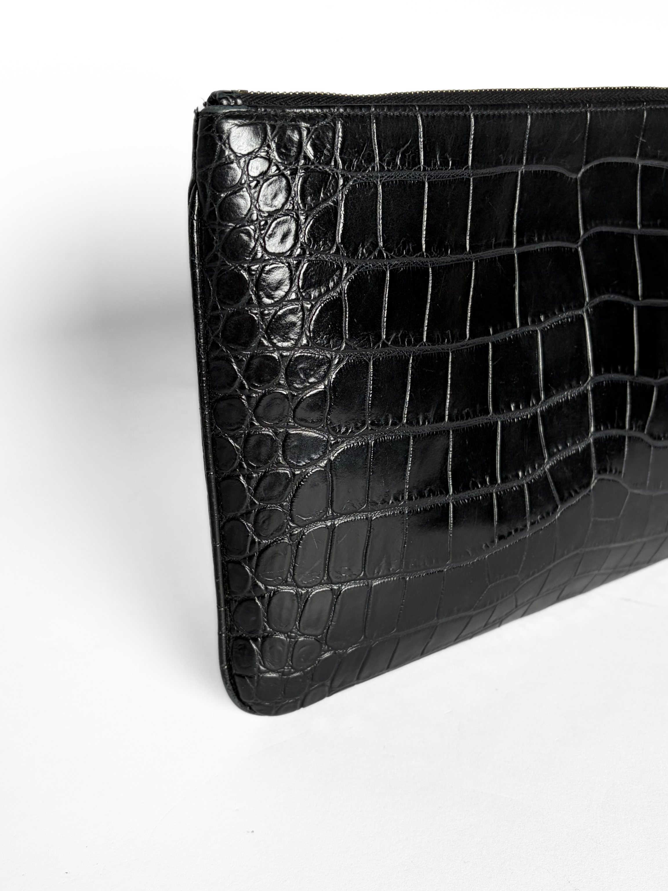 Saint Laurent Croc-Embossed Zip Pouch Black