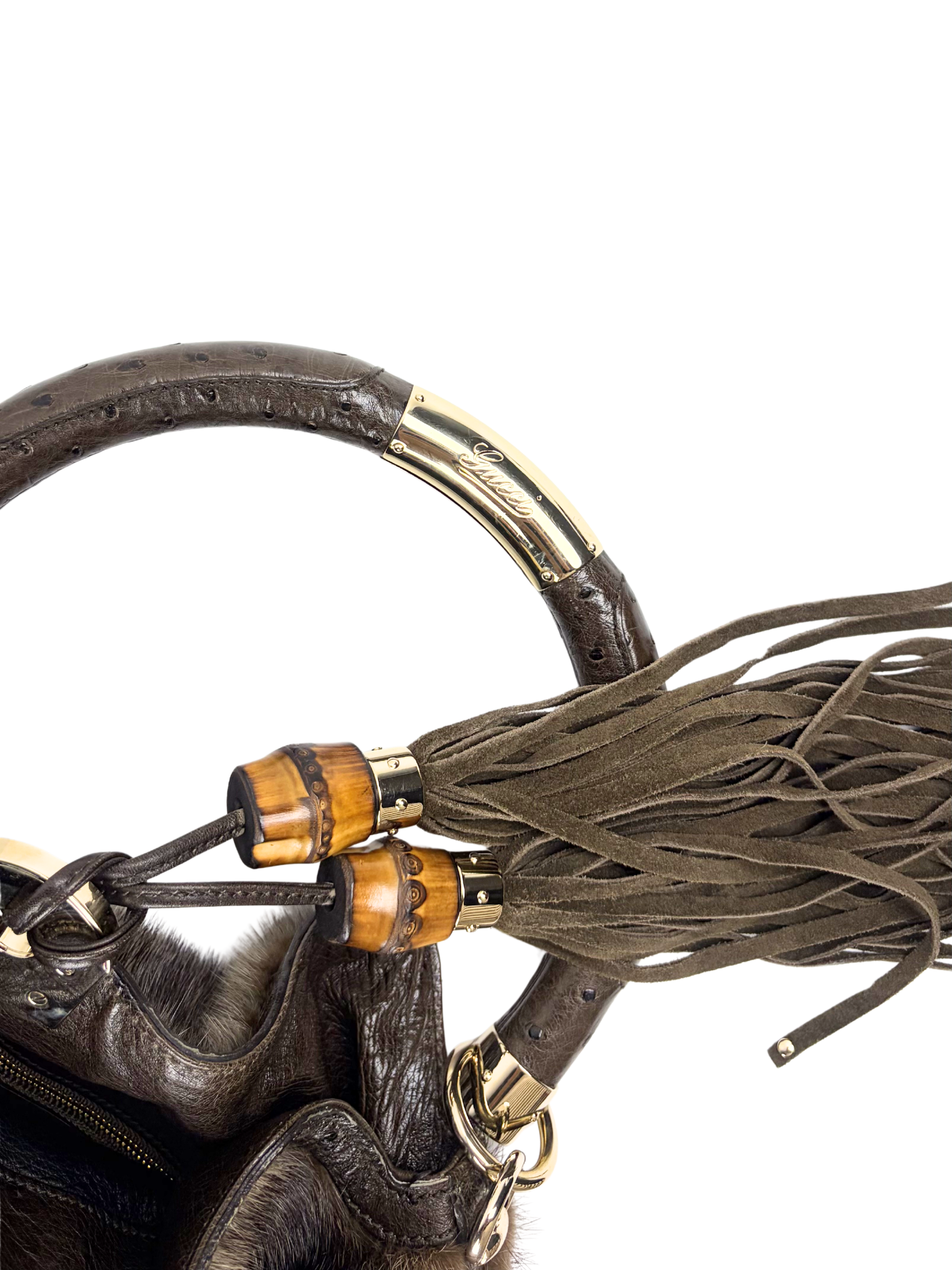 Vintage Gucci Mink and Ostrich Indy Hobo Bag with Bamboo Tassels