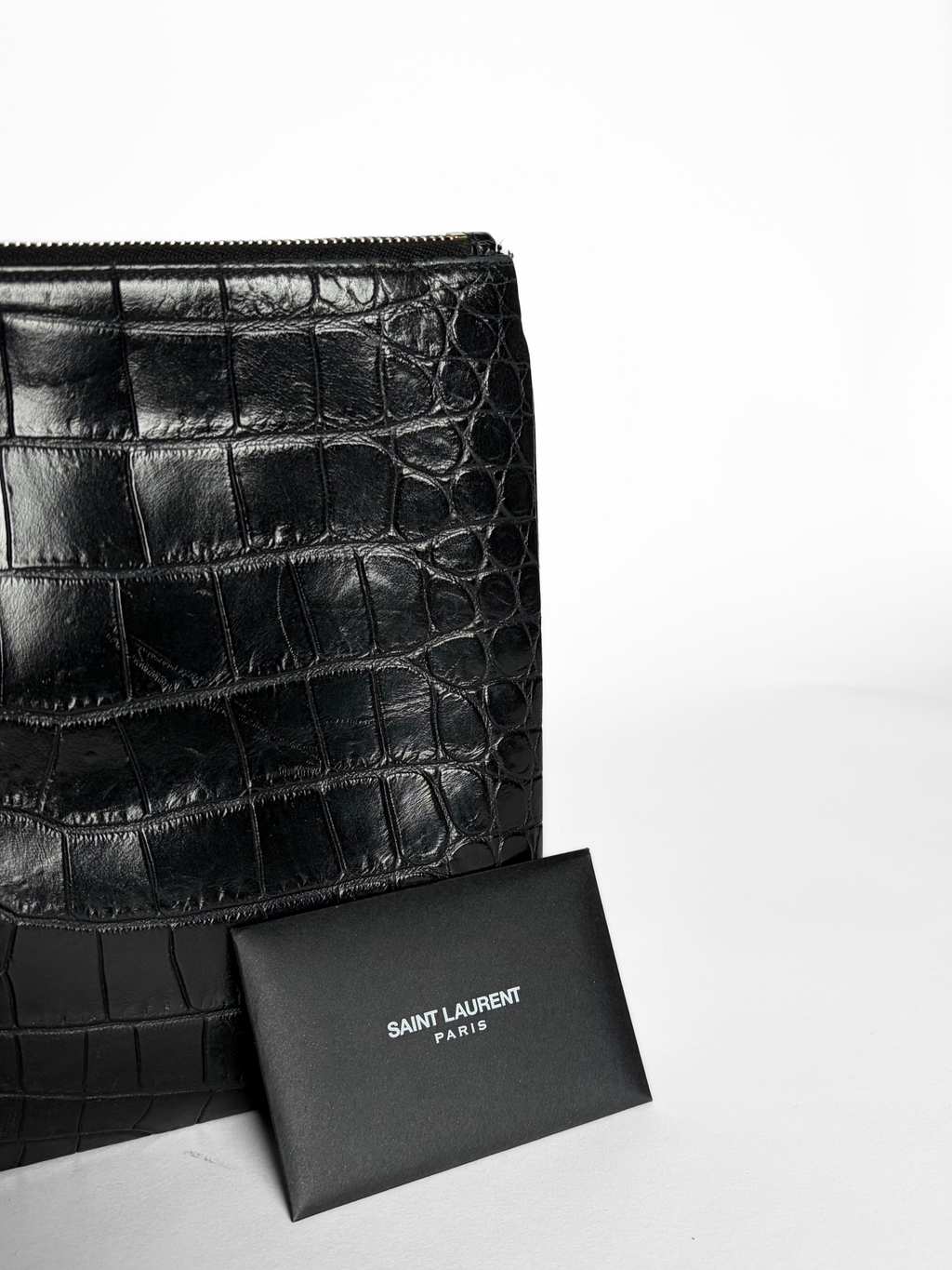 Saint Laurent Croc-Embossed Zip Pouch Black