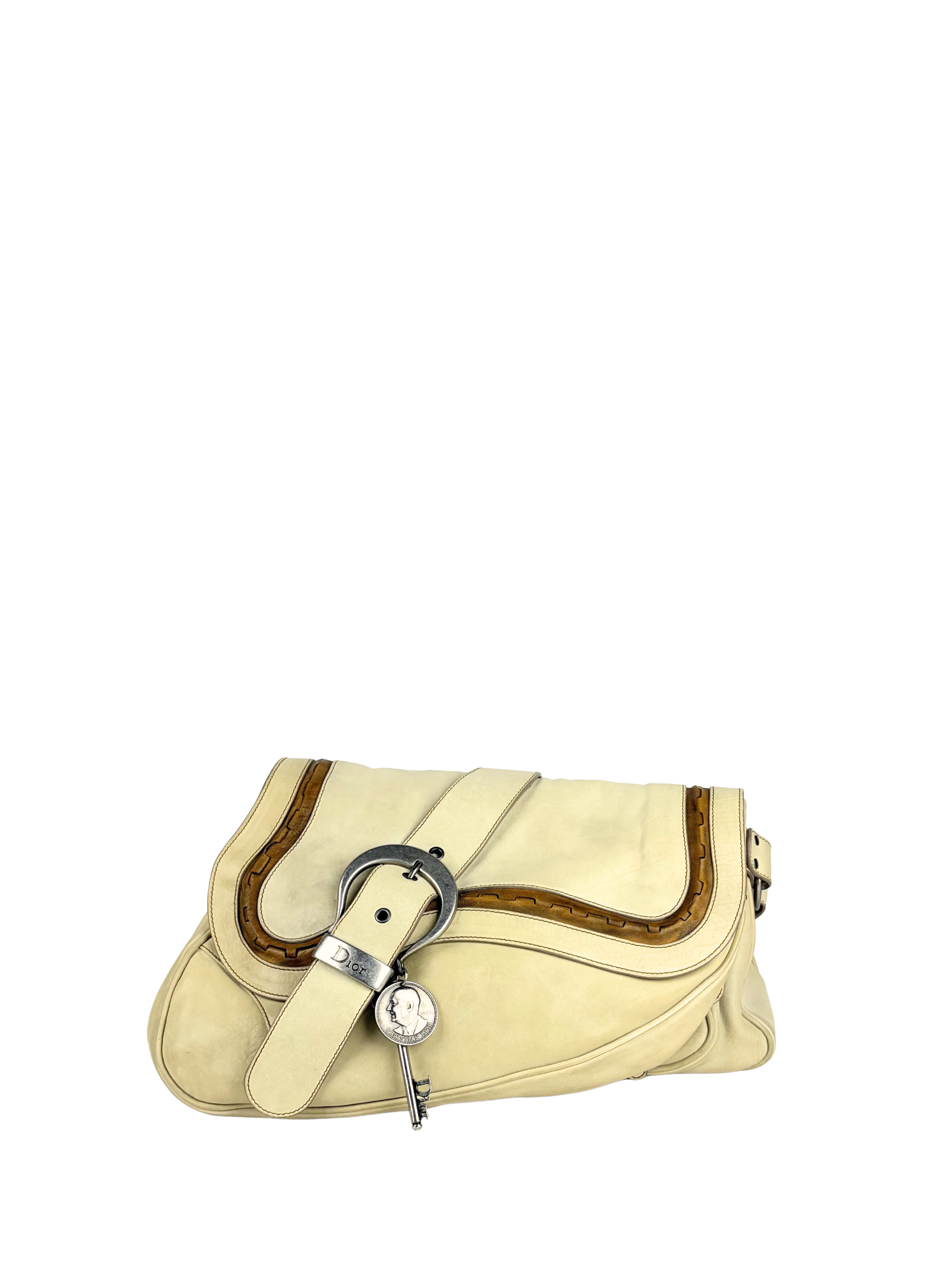 Vintage Dior 2000s Gaucho Double Saddle Bag in Cream Leather