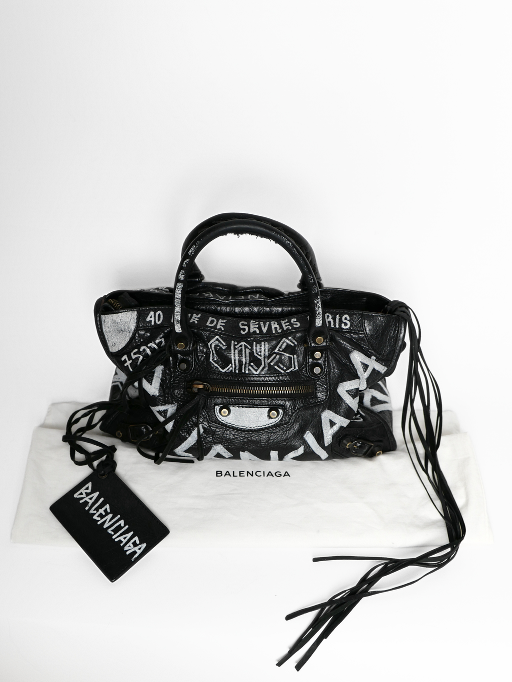 Balenciaga Black Graffiti Leather Small Classic City Bag