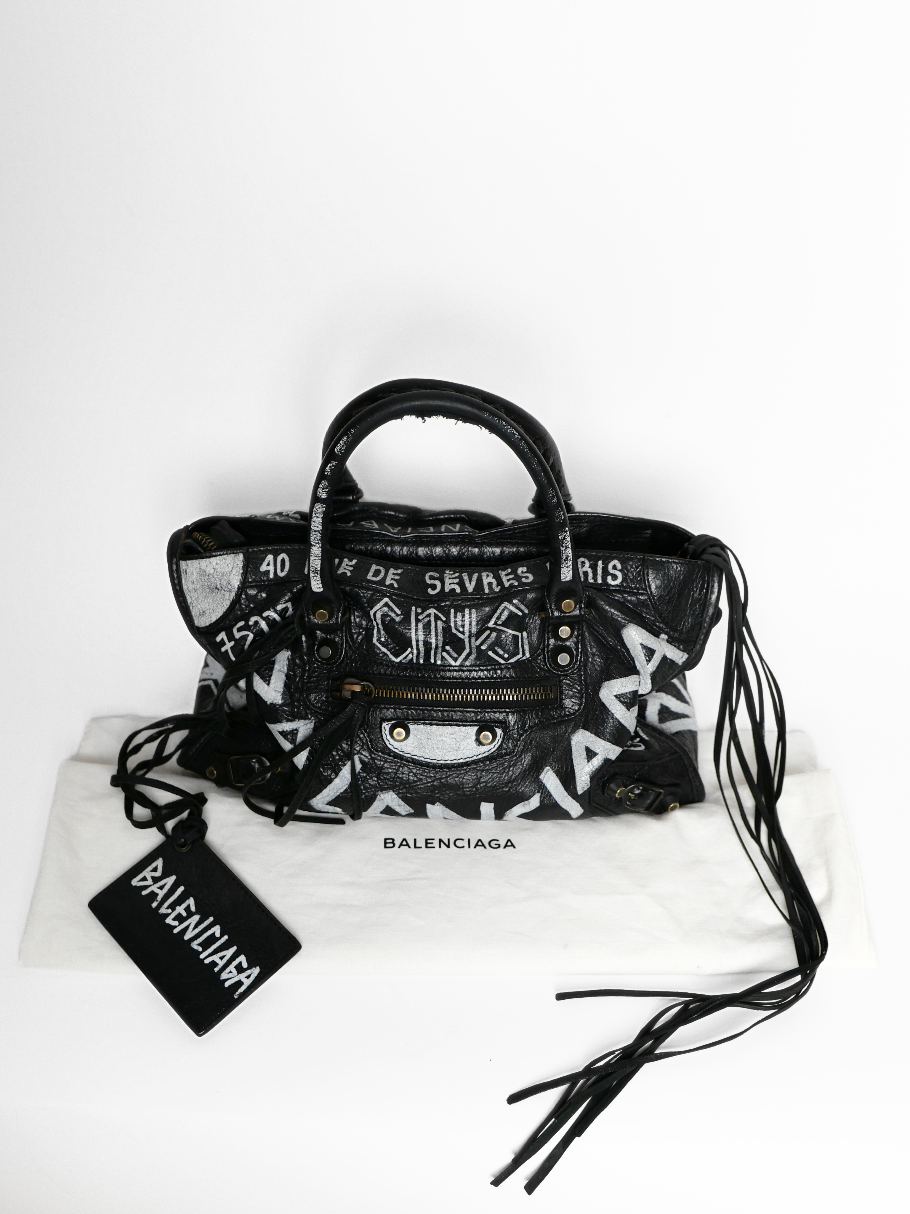 Balenciaga Black Graffiti Leather Small Classic City Bag