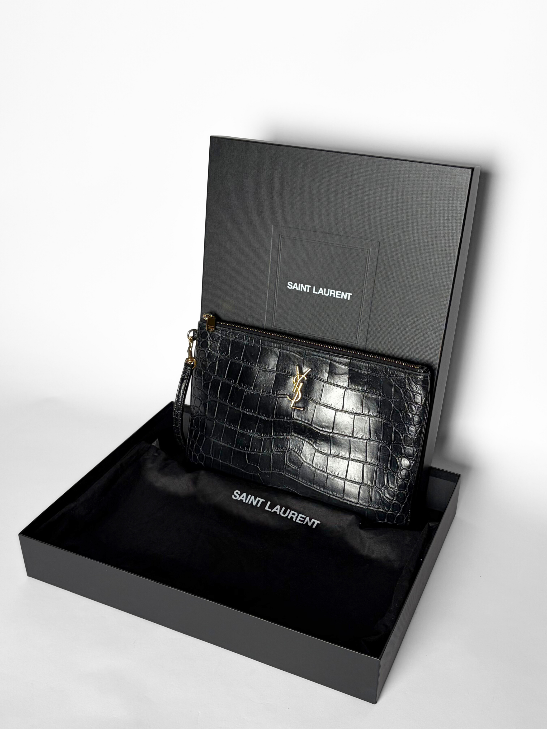 Saint Laurent Croc-Embossed Zip Pouch Black