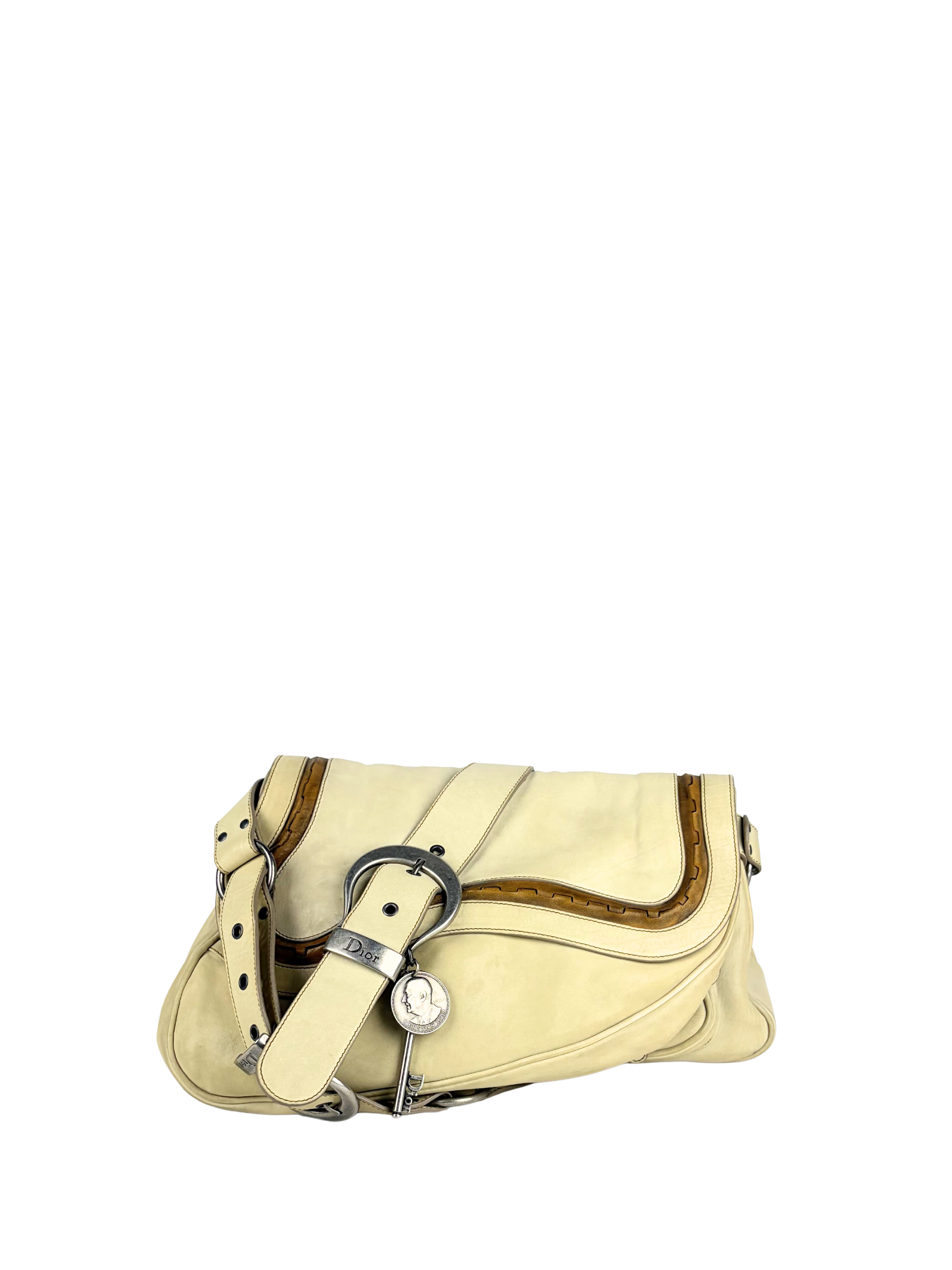 Vintage Dior 2000s Gaucho Double Saddle Bag in Cream Leather
