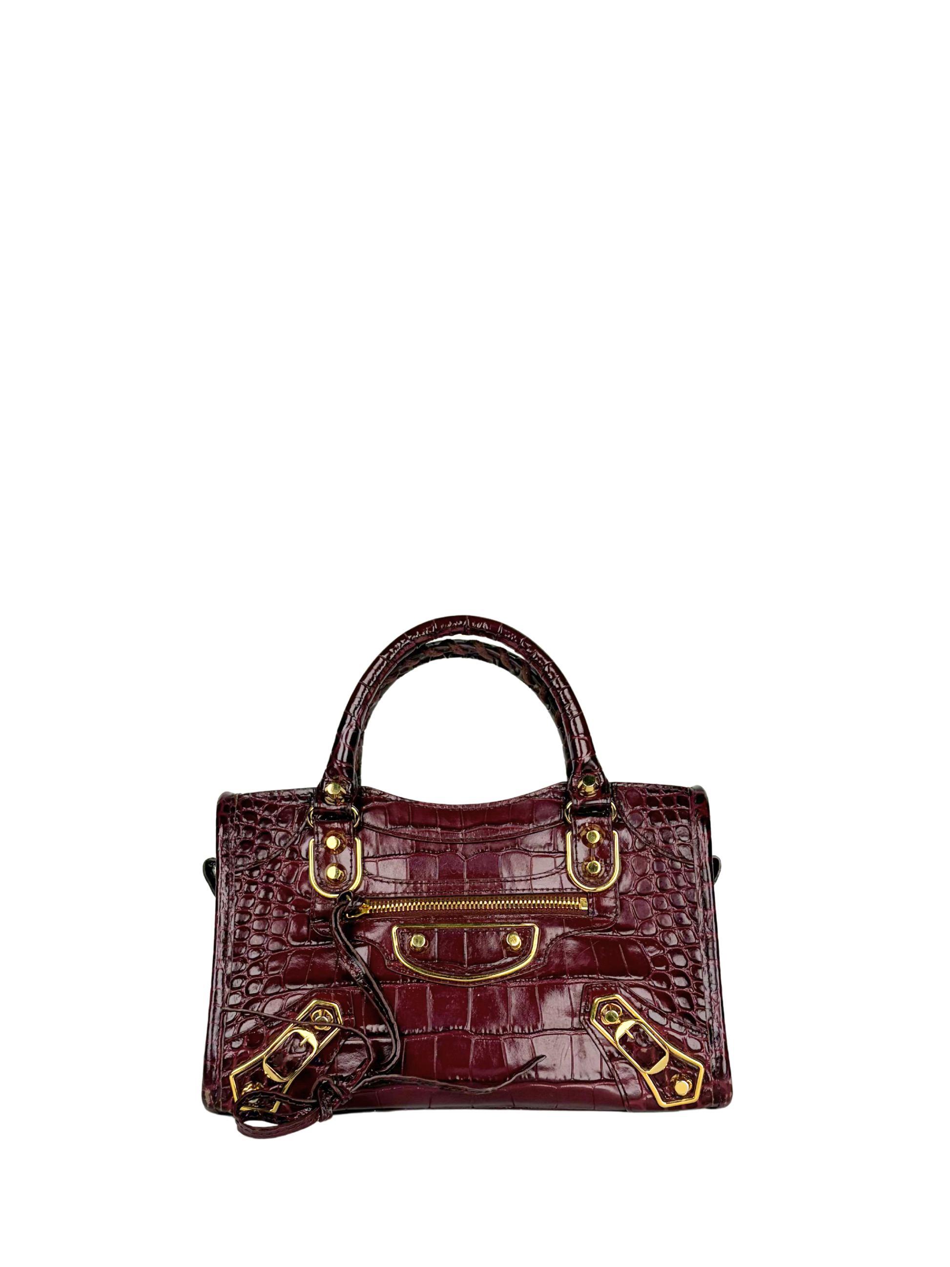 Balenciaga Metallic Edge Croc-Embossed Burgundy Mini City Bag