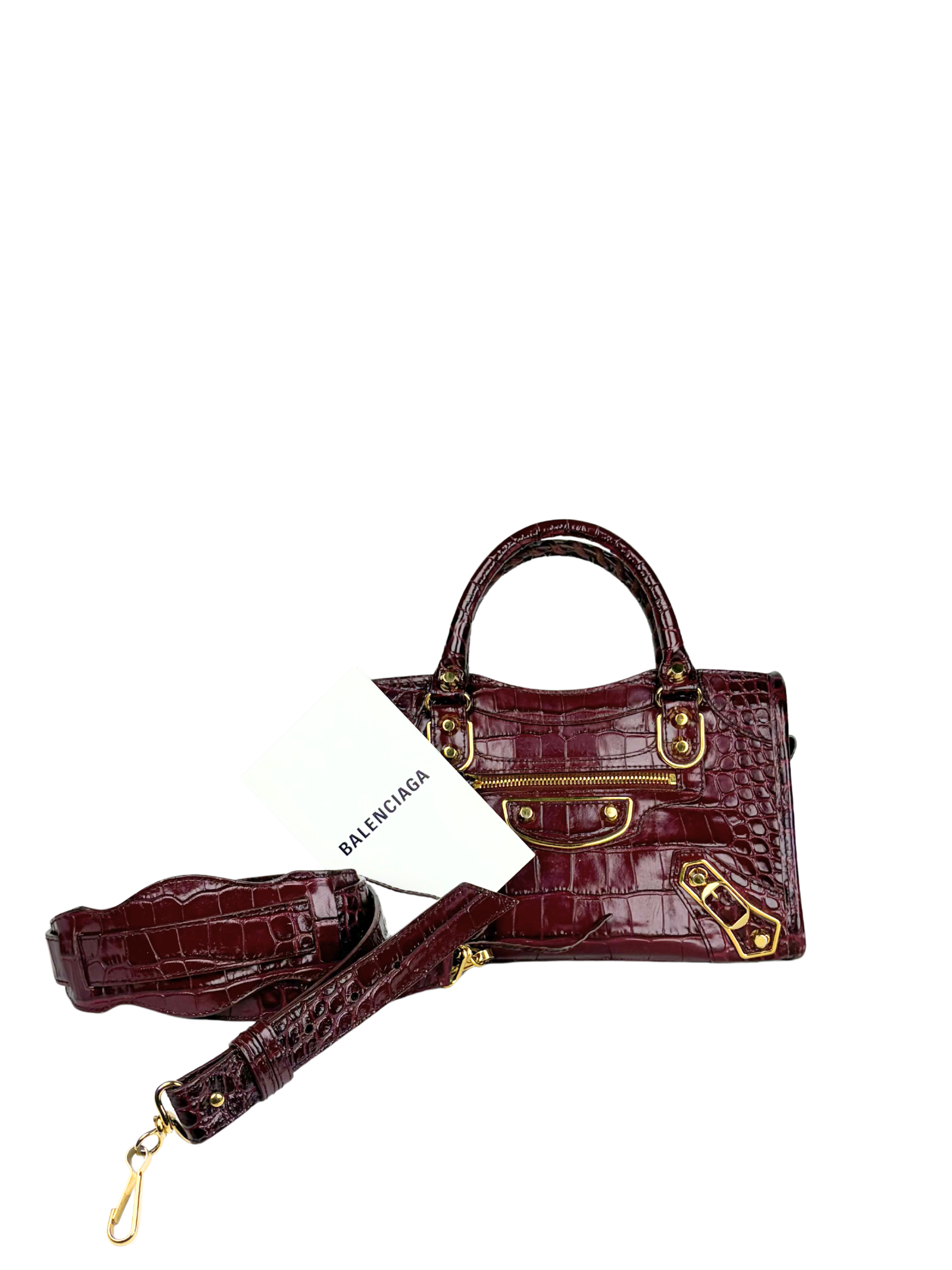 Balenciaga Metallic Edge Croc-Embossed Burgundy Mini City Bag