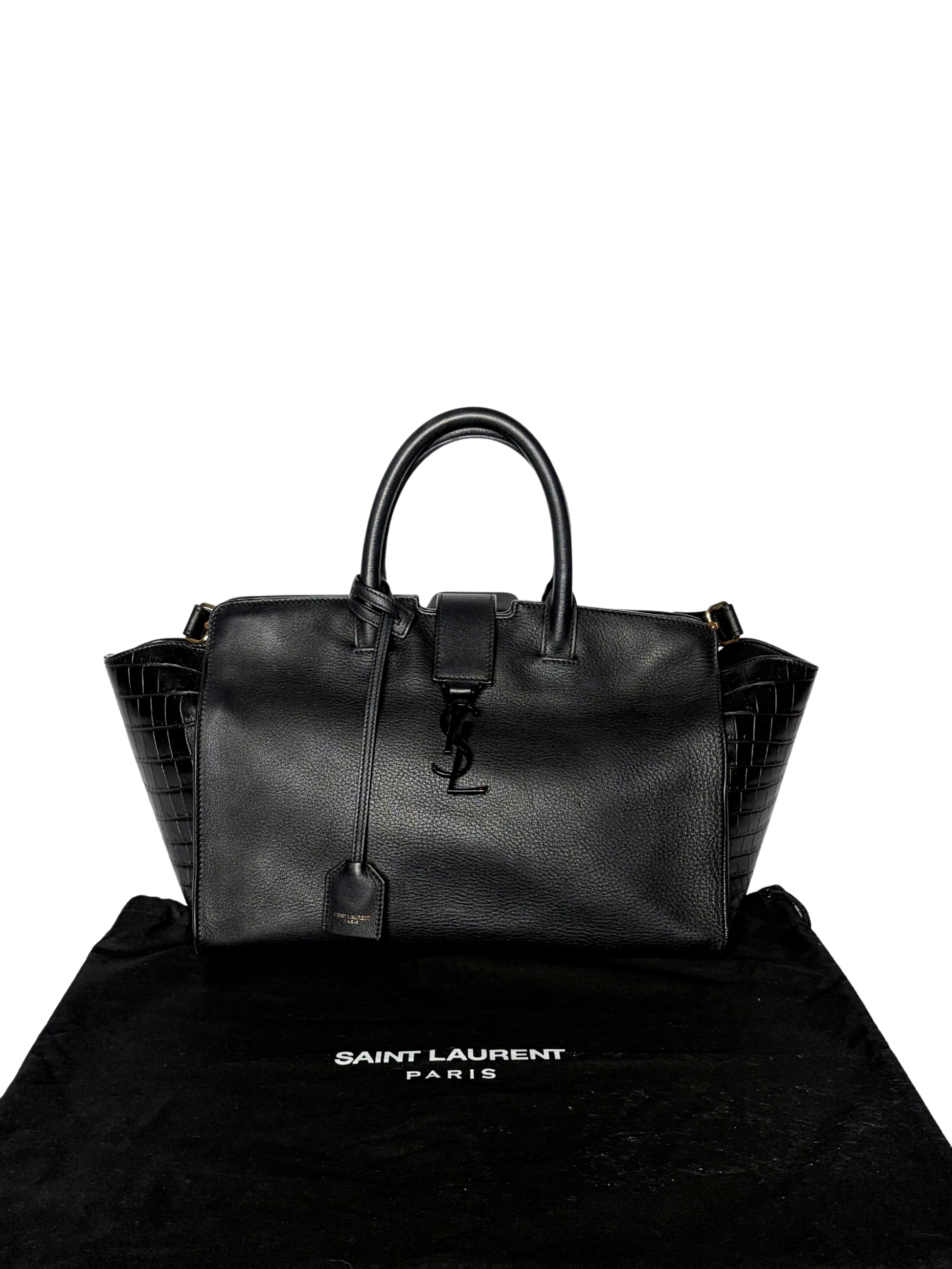 Saint Laurent Black Croc Embossed Leather Baby Downtown Cabas Tote