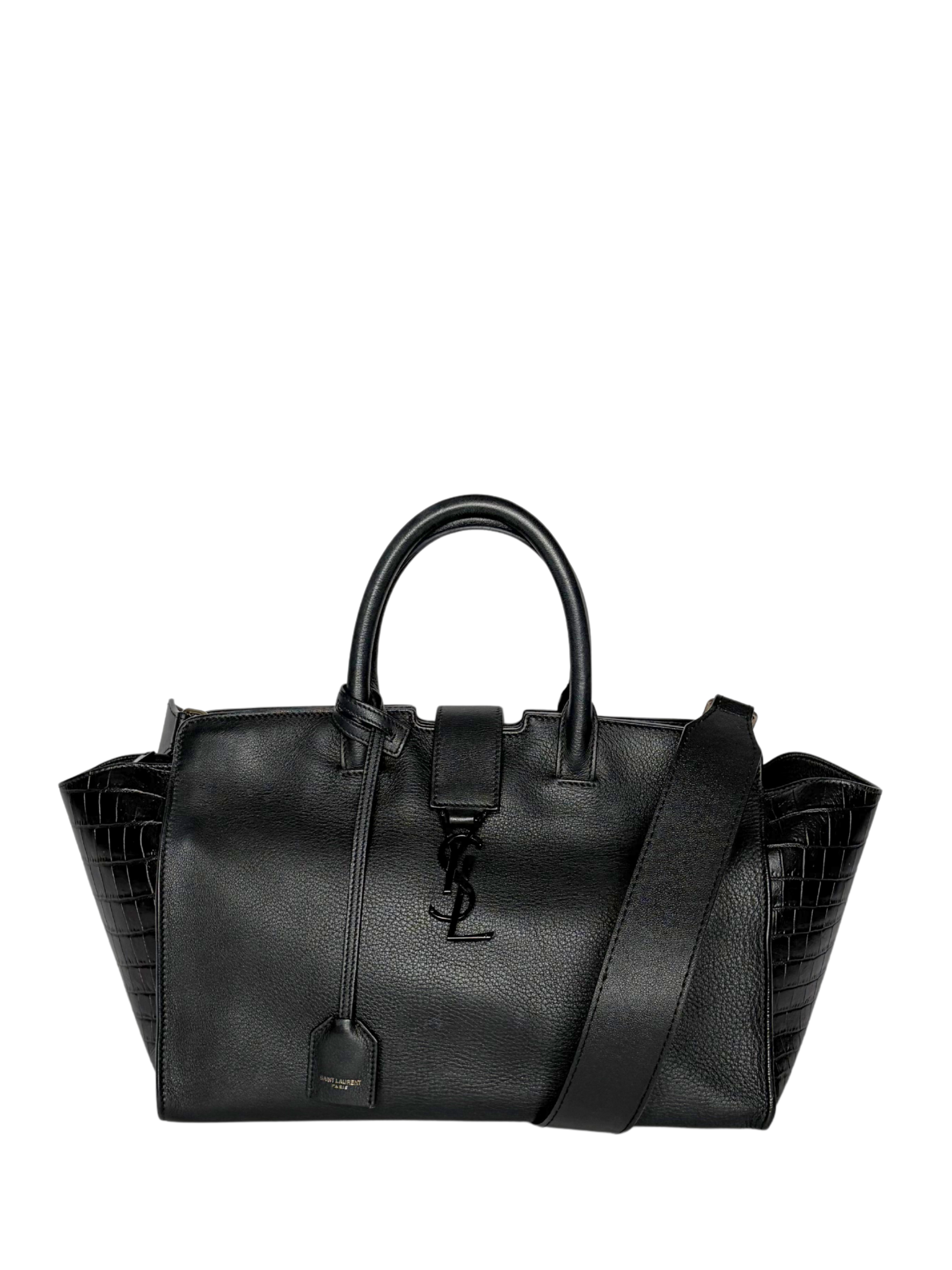 Saint Laurent Black Croc Embossed Leather Baby Downtown Cabas Tote
