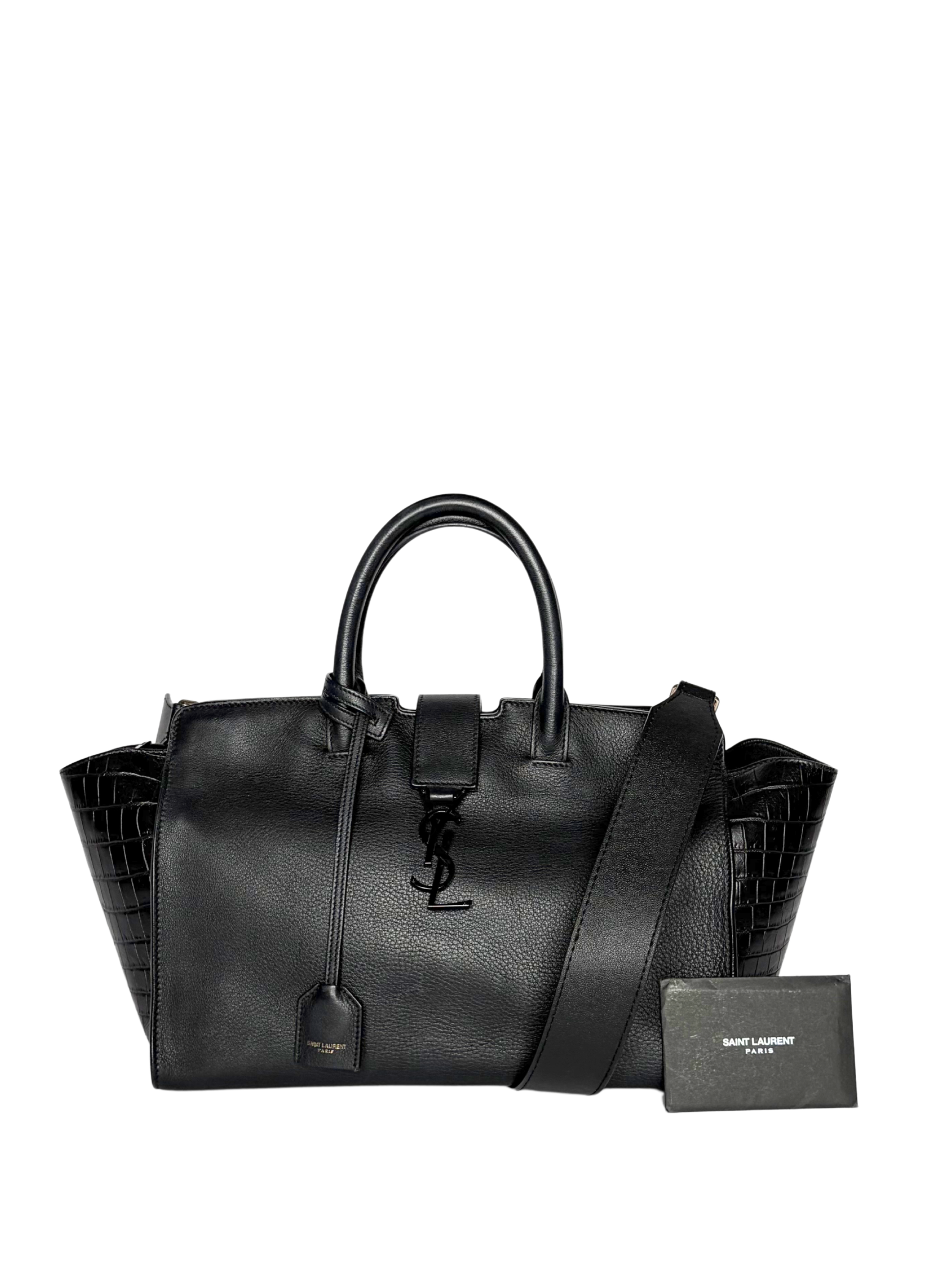 Saint Laurent Black Croc Embossed Leather Baby Downtown Cabas Tote