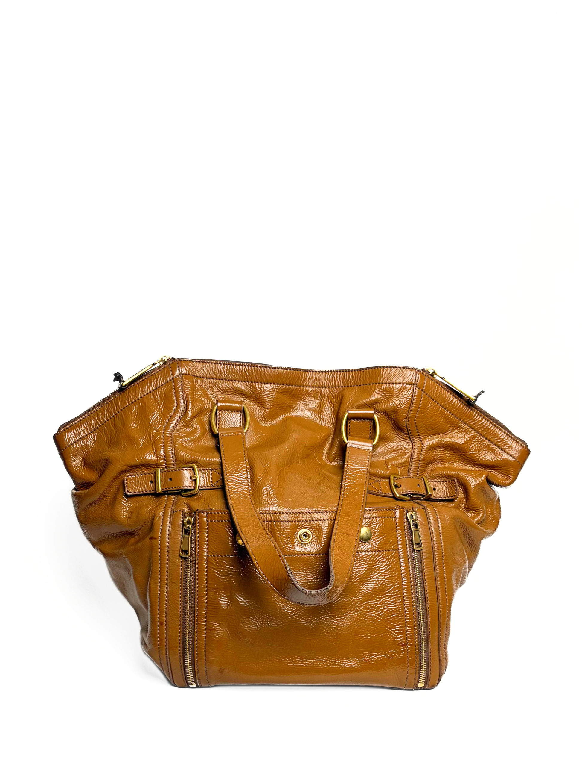 Vintage Saint Laurent Downtown Tote Bag Camel Glossy Leather
