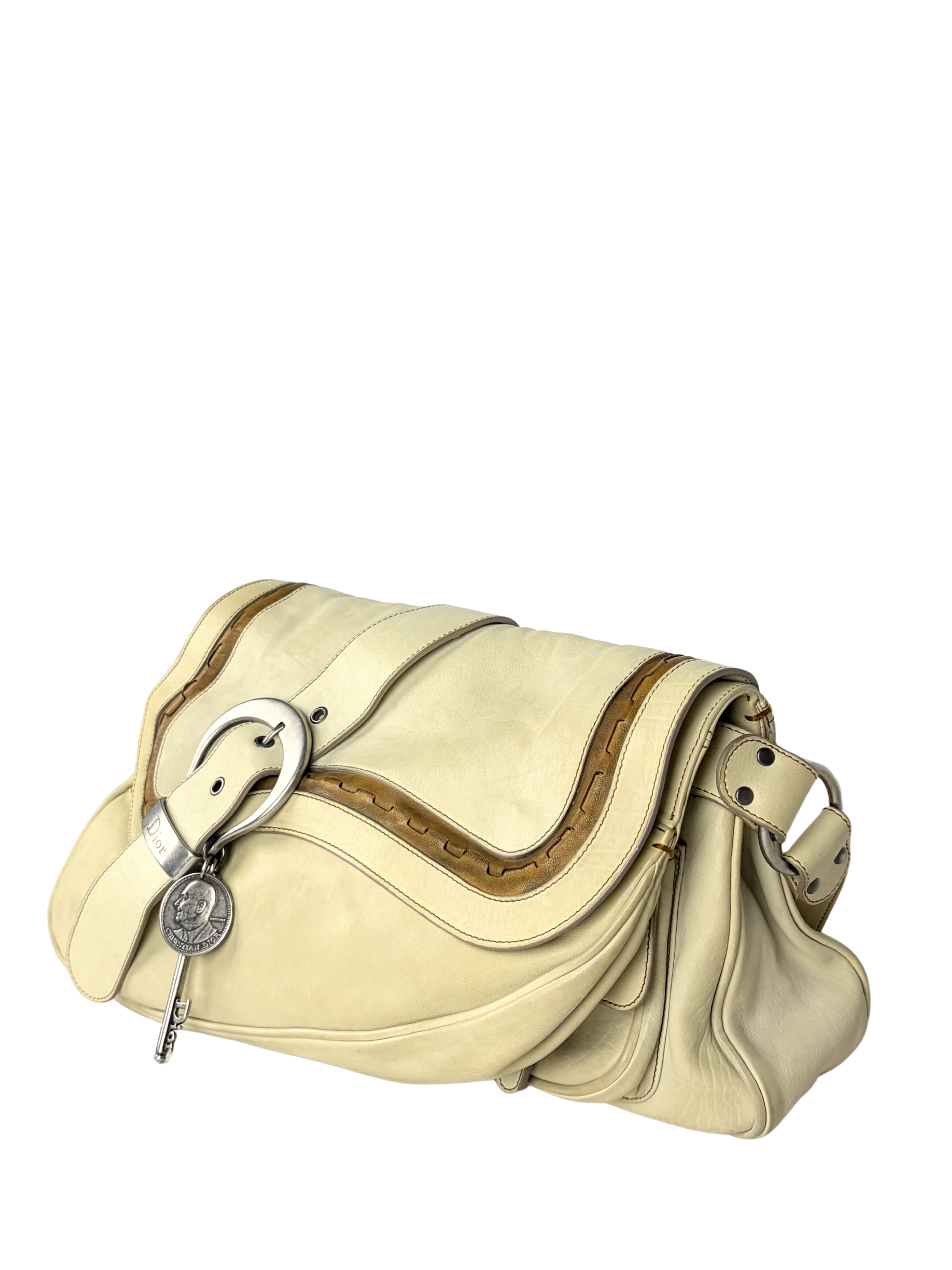 Vintage Dior 2000s Gaucho Double Saddle Bag in Cream Leather