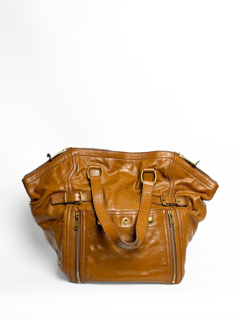 Vintage Saint Laurent Downtown Tote Bag Camel Glossy Leather