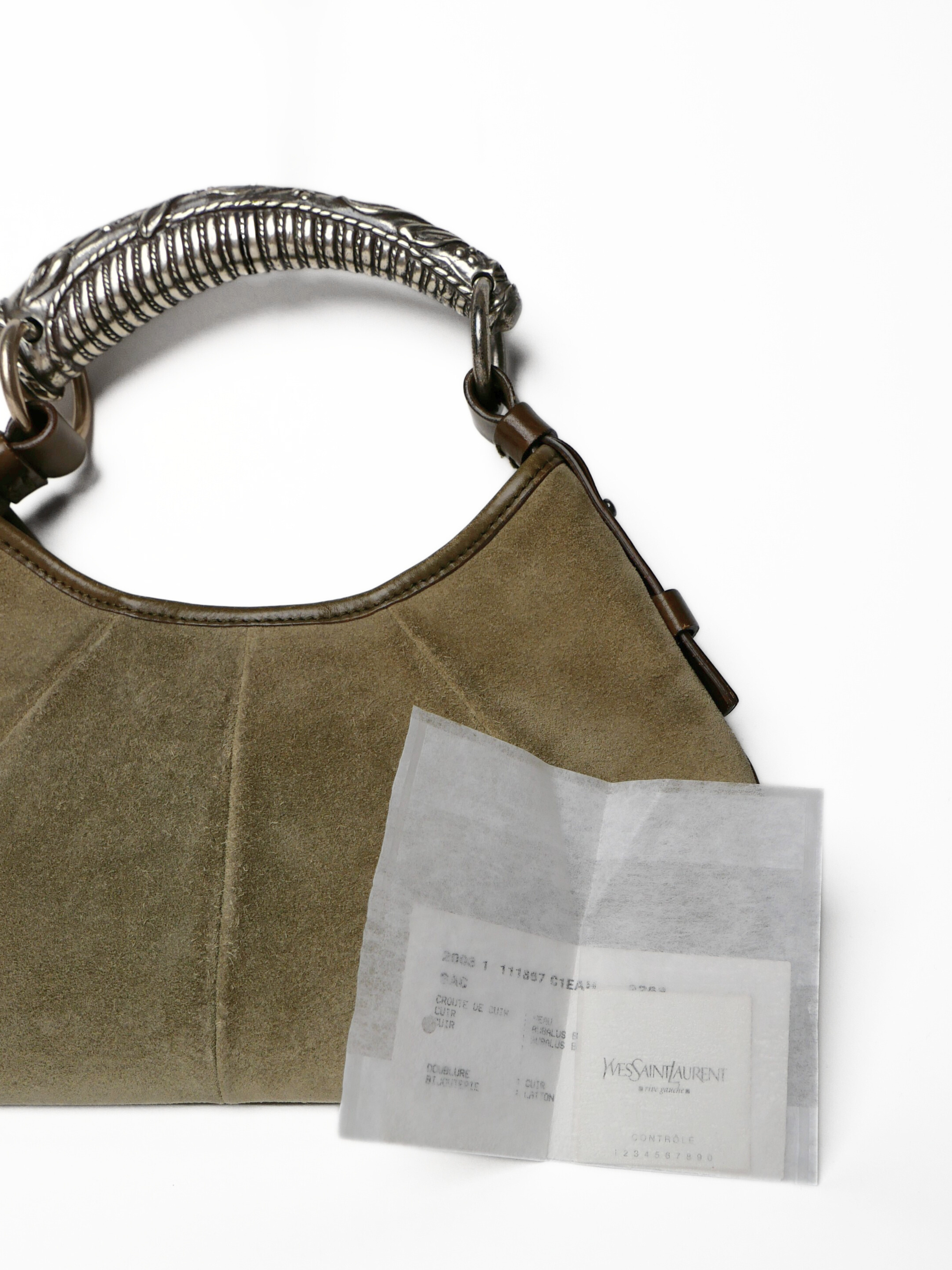 Vintage Yves Saint Laurent Mombasa Horn Handle Suede Bag Grey/Olive