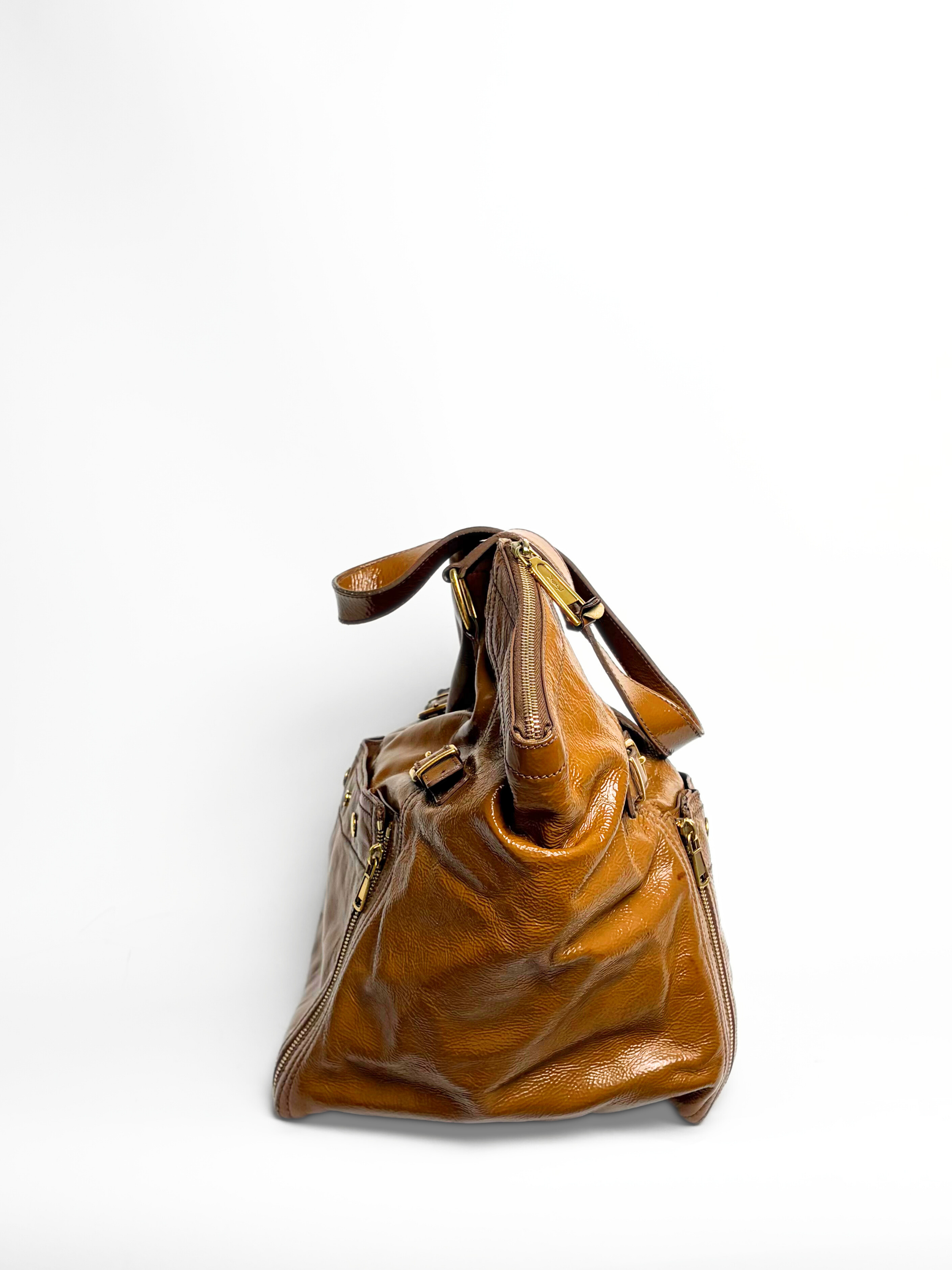 Vintage Saint Laurent Downtown Tote Bag Camel Glossy Leather