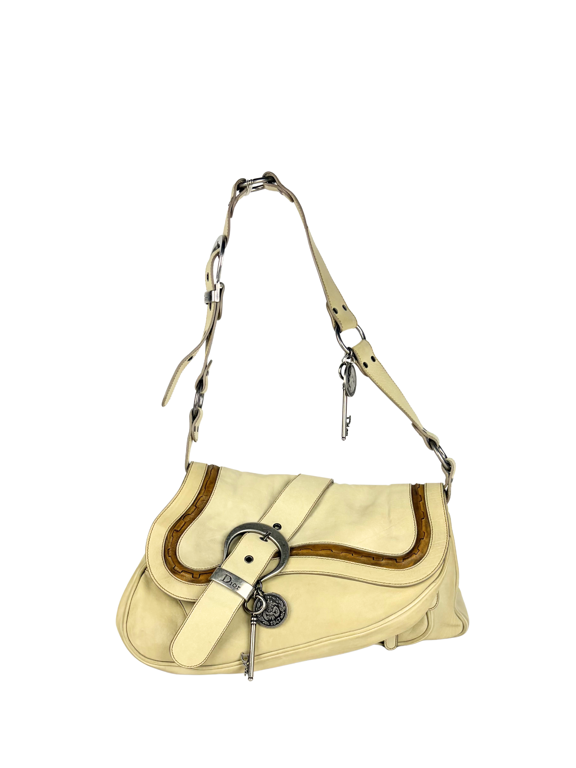 Vintage Dior 2000s Gaucho Double Saddle Bag in Cream Leather