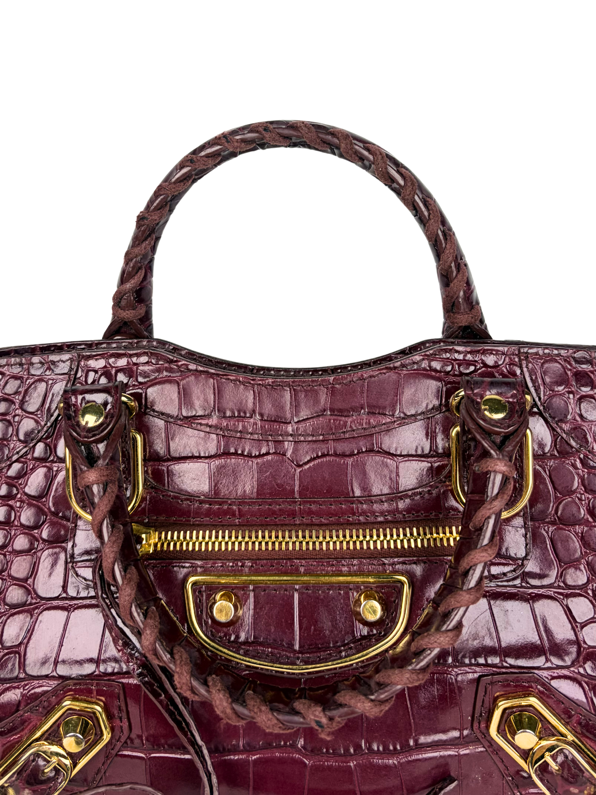 Balenciaga Metallic Edge Croc-Embossed Burgundy Mini City Bag