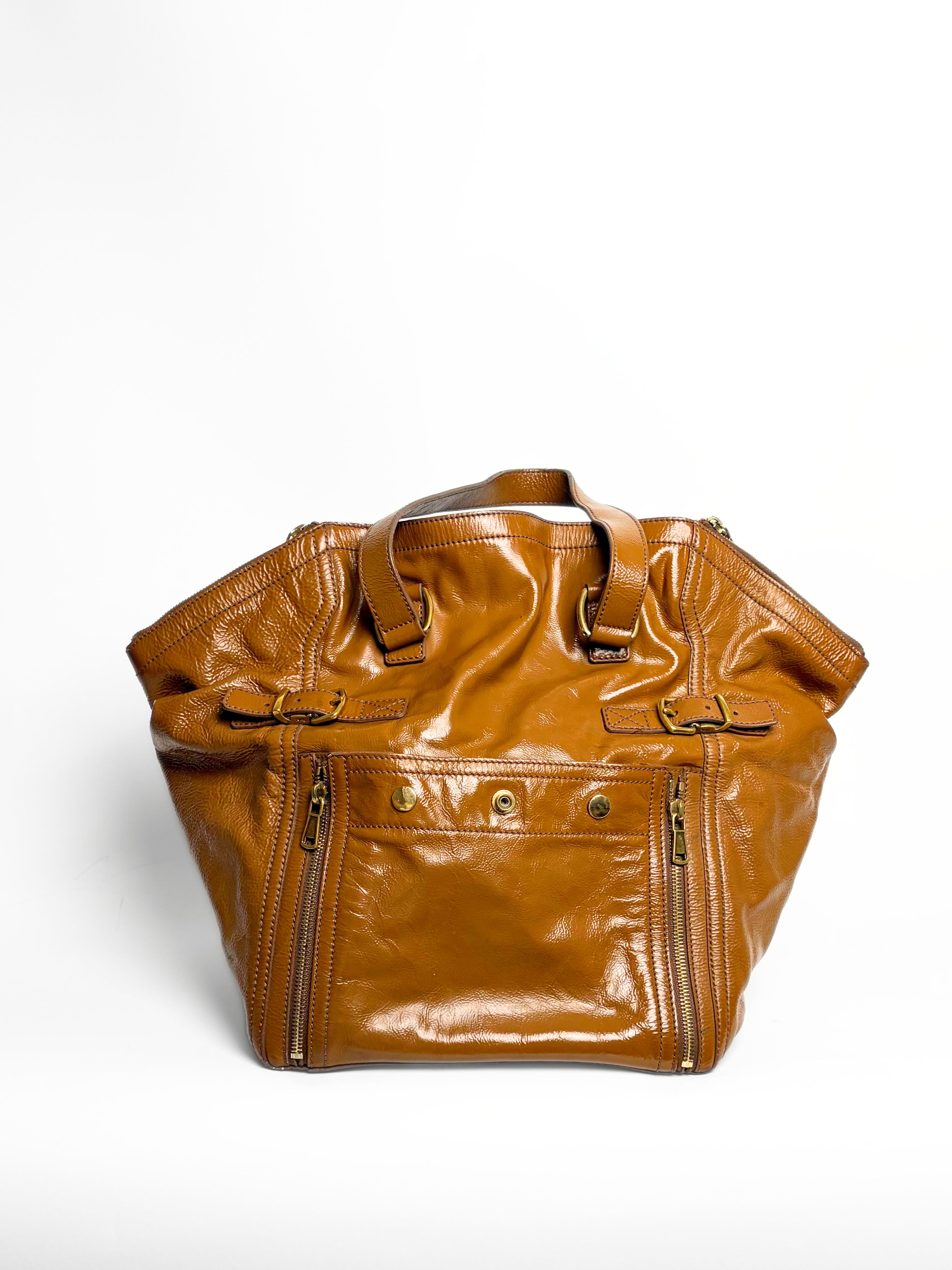 Vintage Saint Laurent Downtown Tote Bag Camel Glossy Leather