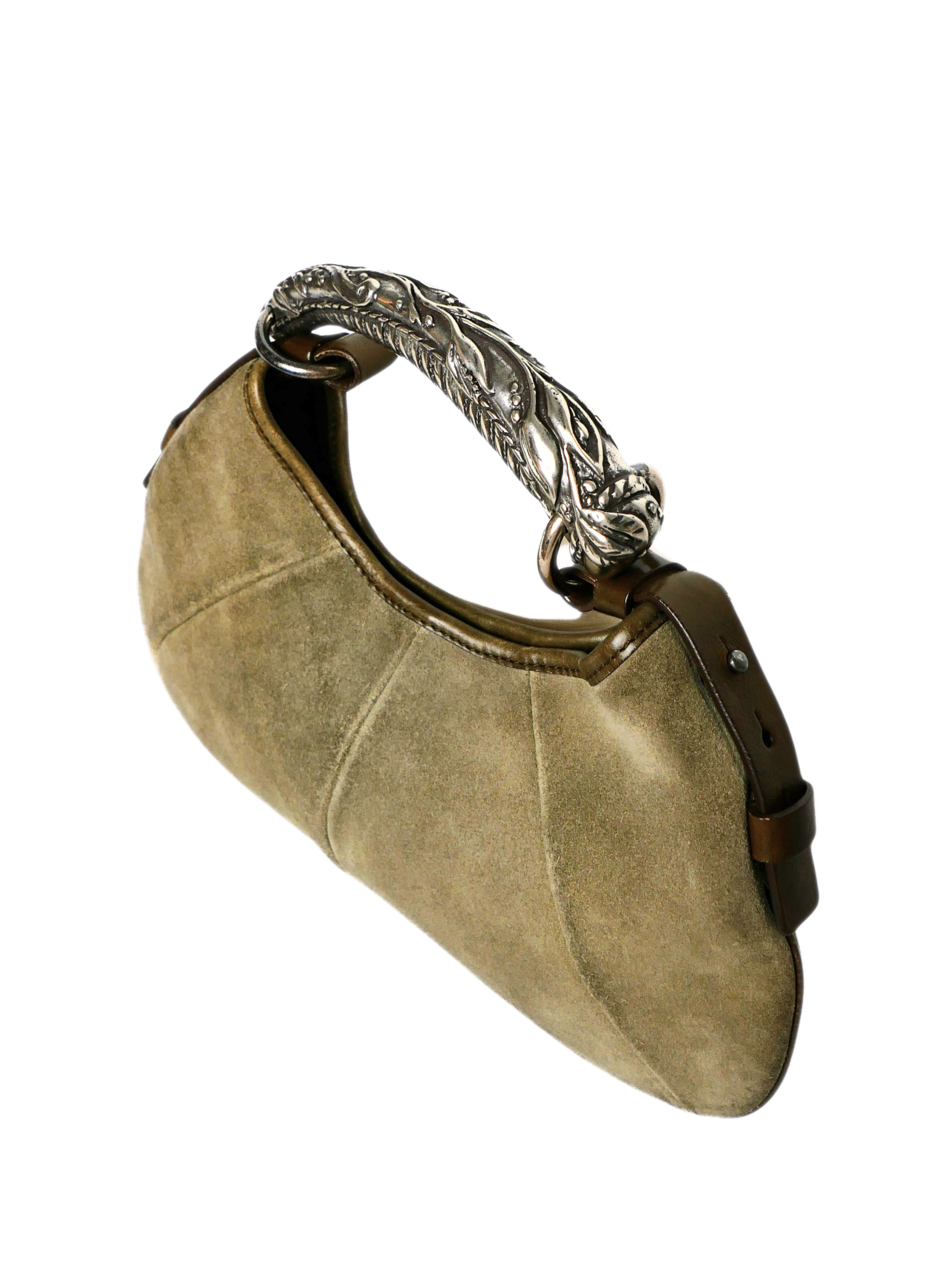Vintage Yves Saint Laurent Mombasa Horn Handle Suede Bag Grey/Olive