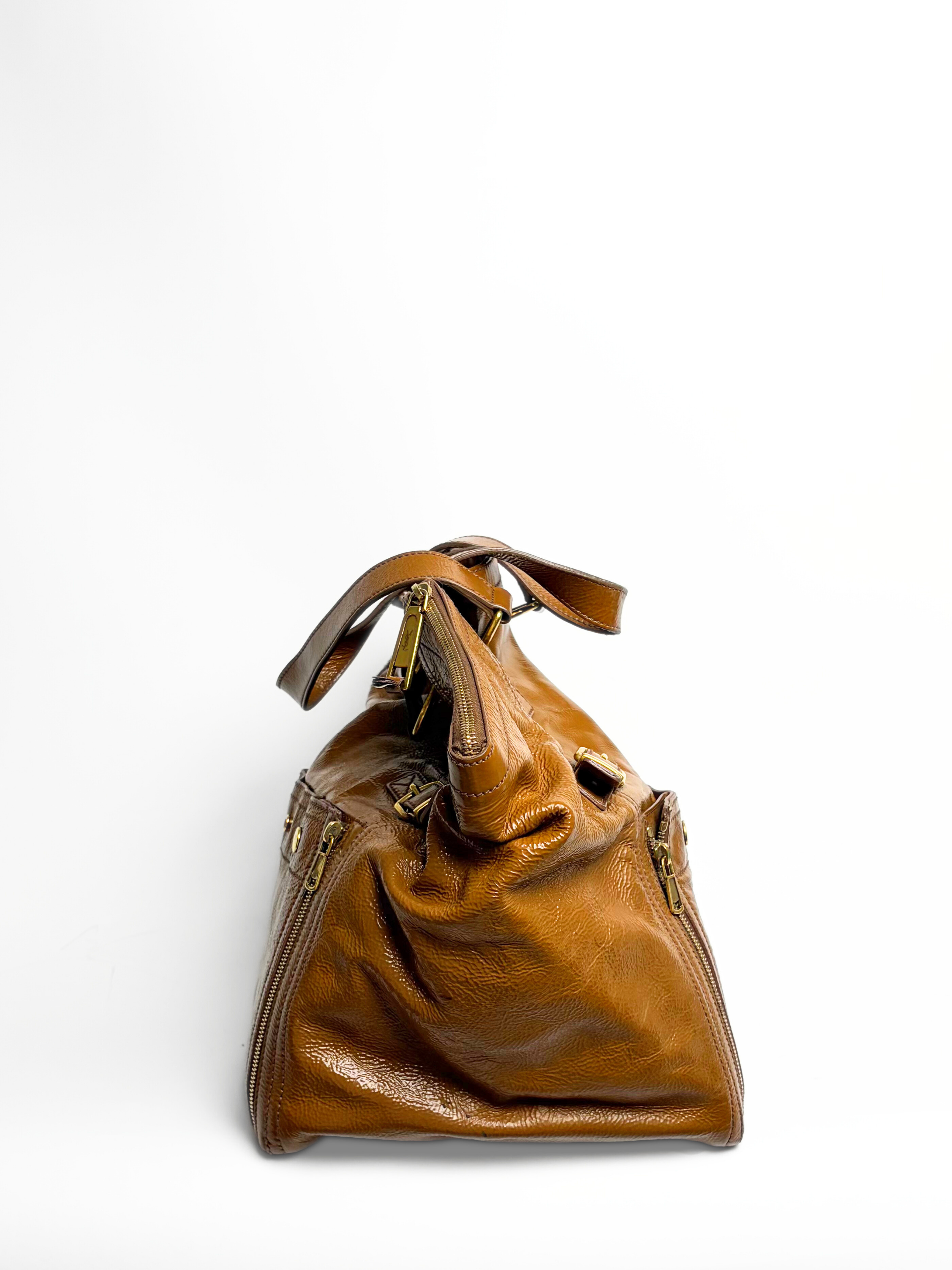 Vintage Saint Laurent Downtown Tote Bag Camel Glossy Leather