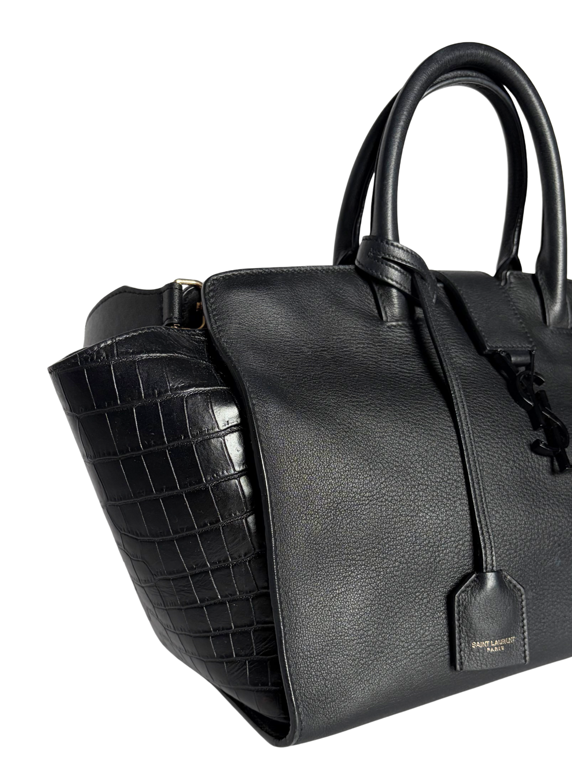 Saint Laurent Black Croc Embossed Leather Baby Downtown Cabas Tote