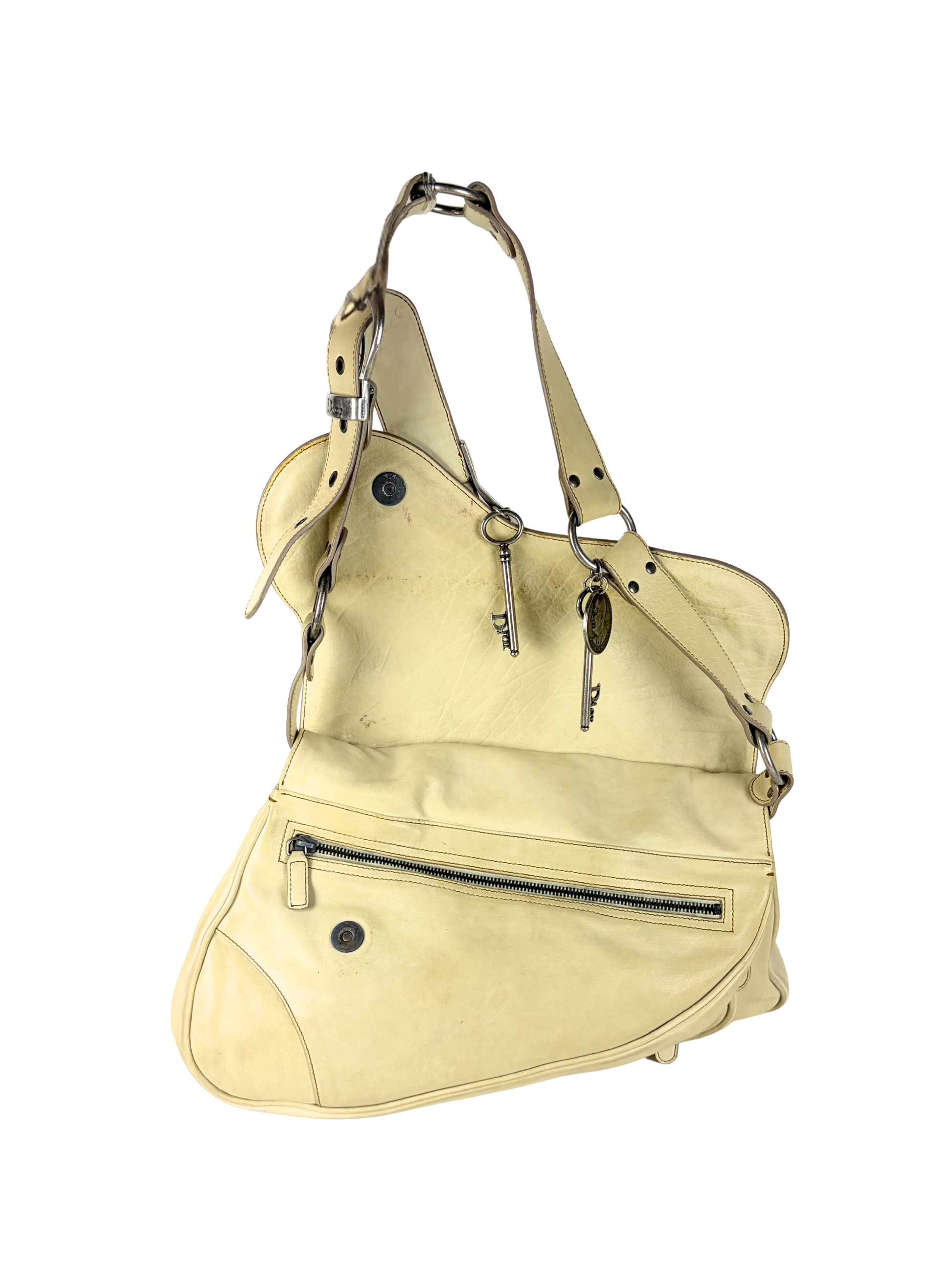 Vintage Dior 2000s Gaucho Double Saddle Bag in Cream Leather