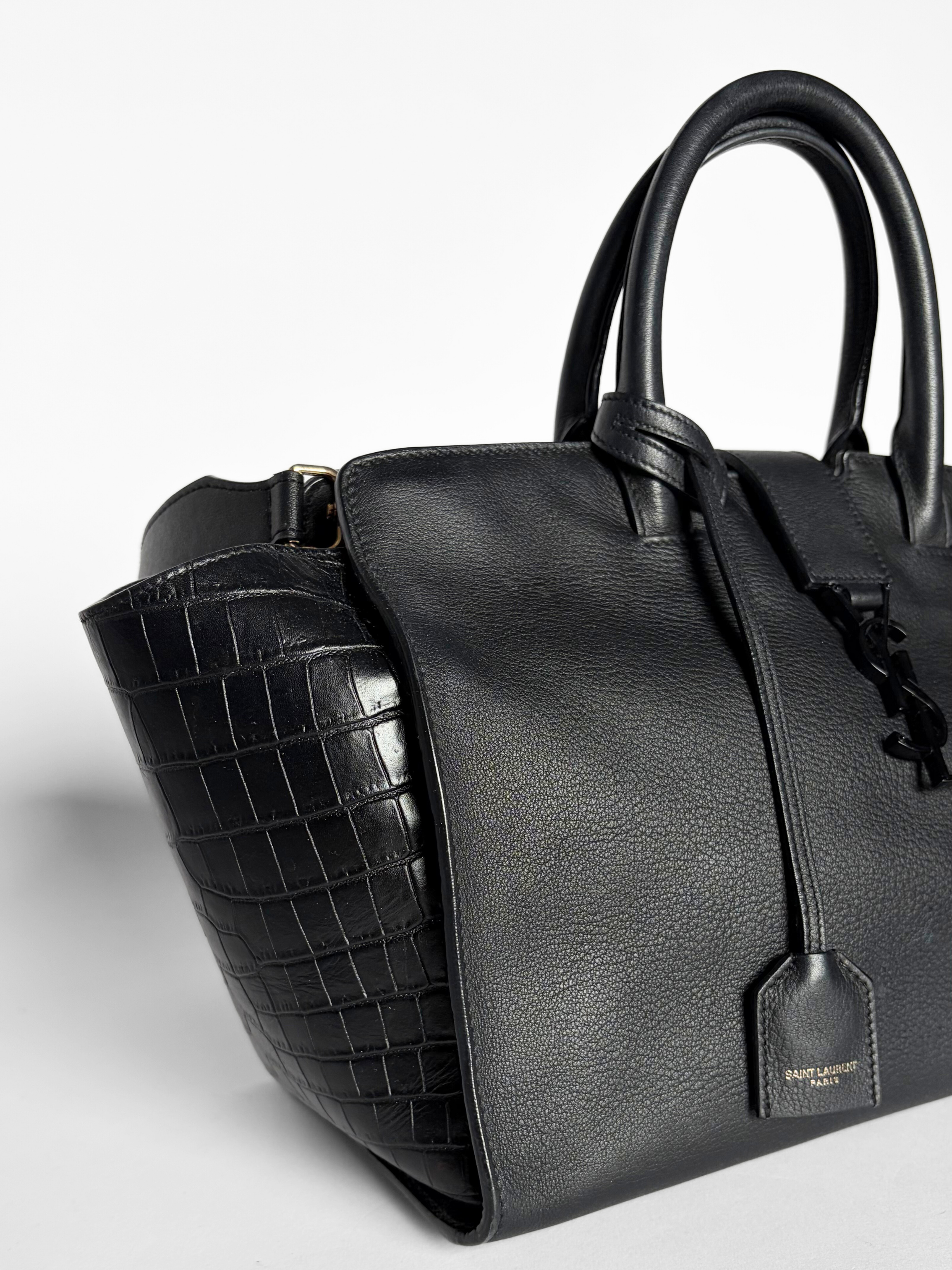 Saint Laurent Black Croc Embossed Leather Baby Downtown Cabas Tote